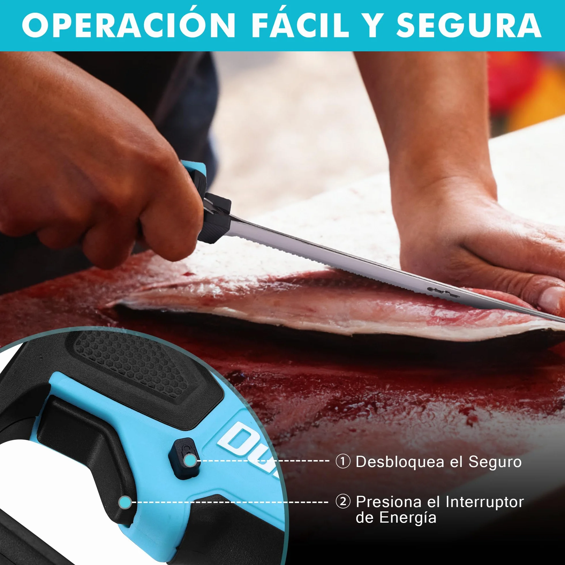 DURATECH Cuchillo Eléctrico Inalámbrico 12V para Pescado, con Cuchillas de 20 cm y 25 cm, Cuchillo Eléctrico con Batería de 2000mAh, Mango Antideslizante para Pescadores y Cocineros