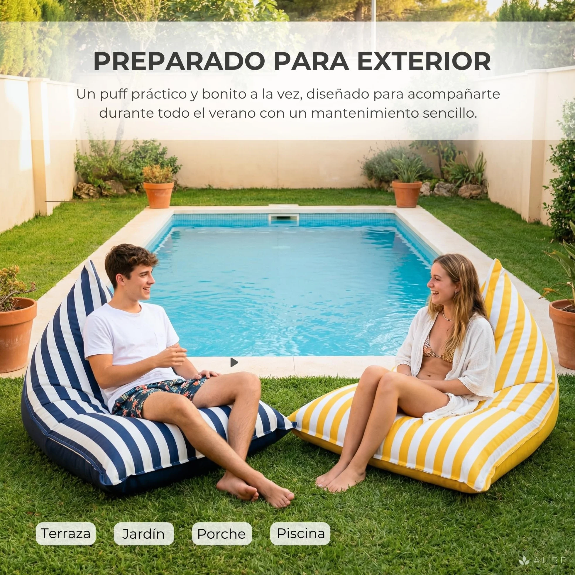 Aiire Puff Exterior Jardín con Relleno Incluido - Tejido Olefina Premium, Desenfundable y Lavable - Sofá Exterior para Playa, Terraza o Piscina - Puff Gigante XXL Azul