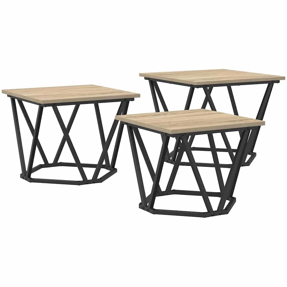 Juego de mesa de café de 3 piezas, 50 x 50 x 40 cm, roble Sonoma, aspecto de madera maciza y acero, diseño moderno, robusto y compacto, para salón, balcón u oficina