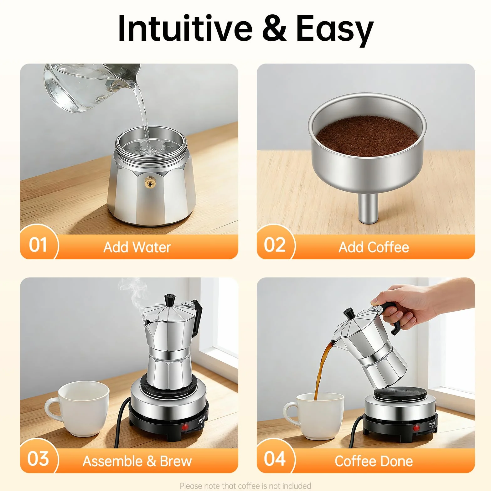Cafetera espresso eléctrica 3 tazas placa calefactora jarra moka aleación aluminio 5 niveles temperatura