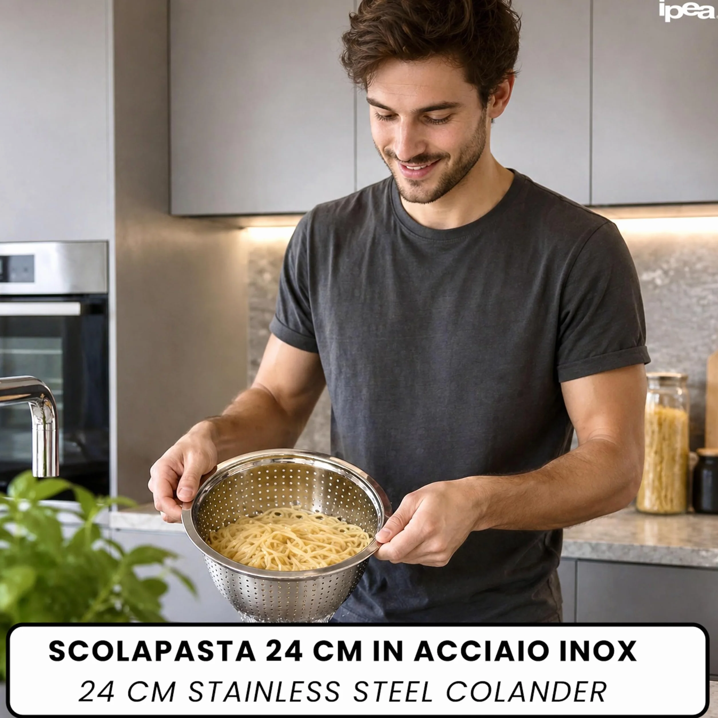 IPEA Escurridor de Acero Inoxidable 24 cm Colador Profesional para Pasta, Frutas y Verduras