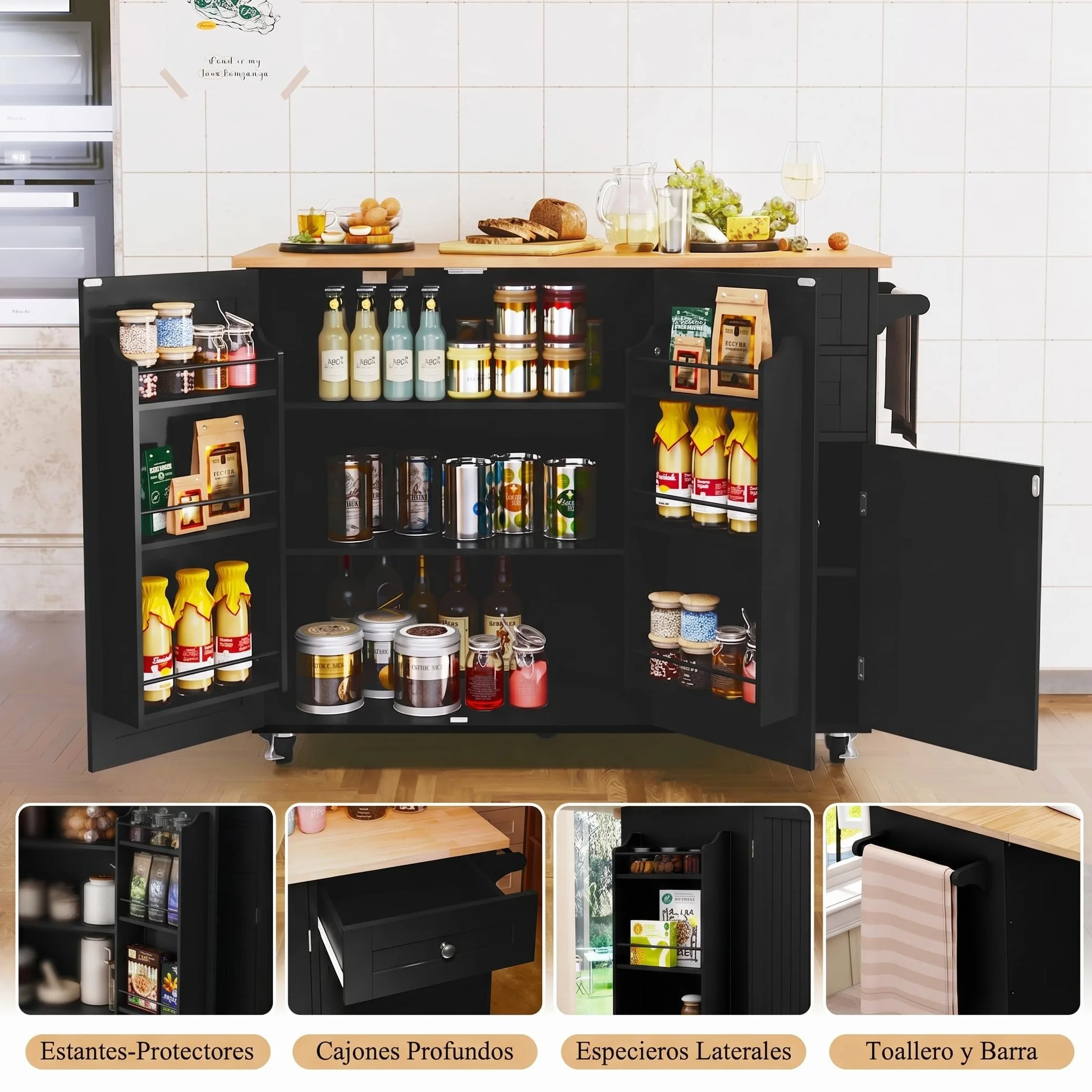 HOLTICO Isla de Cocina sobre Ruedas,Mueble de Cocina con Encimera Extensible de Caucho,3 Estantes Regulables y Especiero de 3 Niveles,para Comedor y Sala de Estar,128x46x91cm,Negro