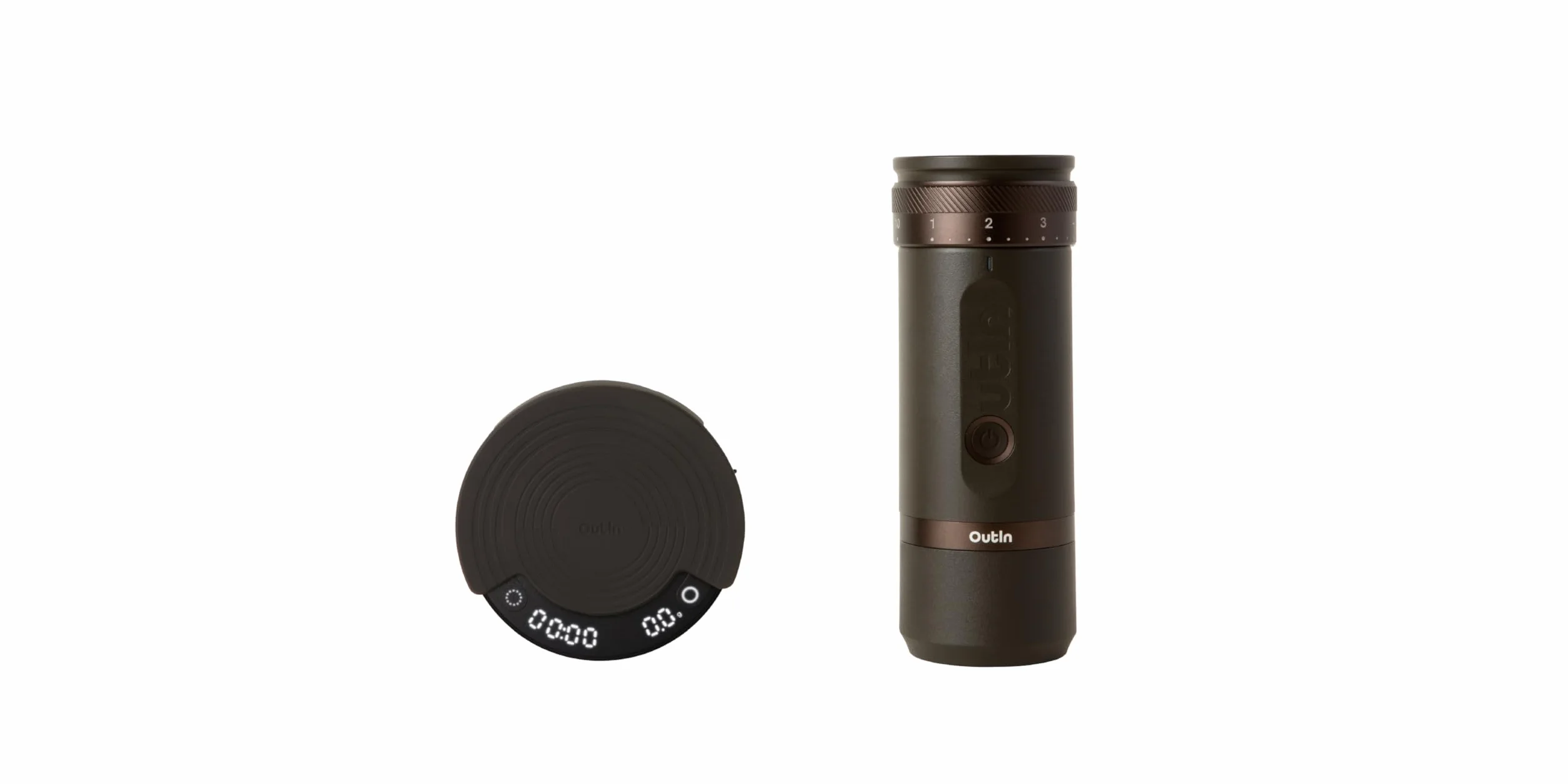 OutIn Fino Molinillo de café eléctrico portátil con OutIn Claro Báscula Portátil para Café