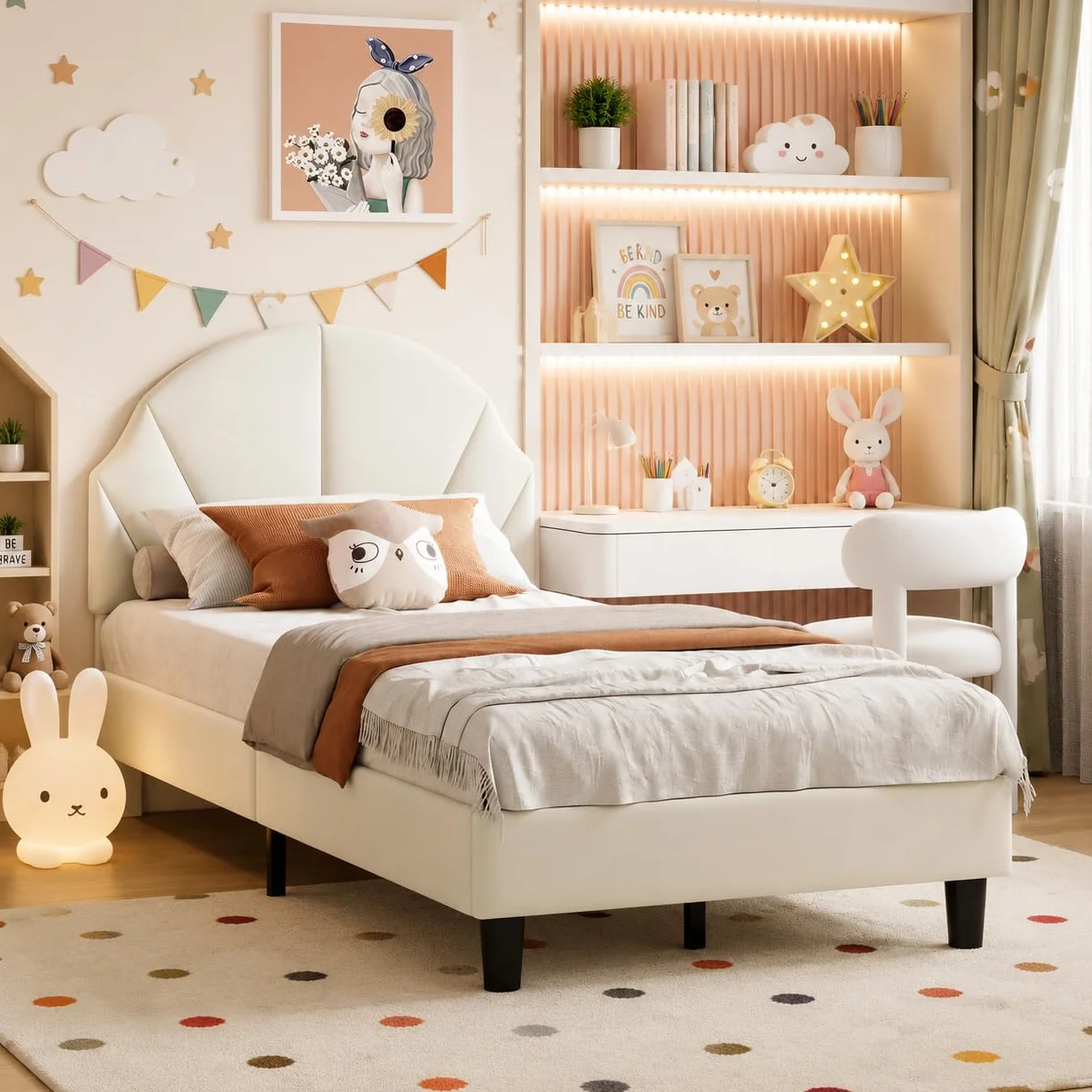 Cama infantil acolchada 90 x 200 cm, cama individual con somier y cabecero ajustable, cama juvenil, cama tapizada para niñas y niños, sin colchón, terciopelo, beige