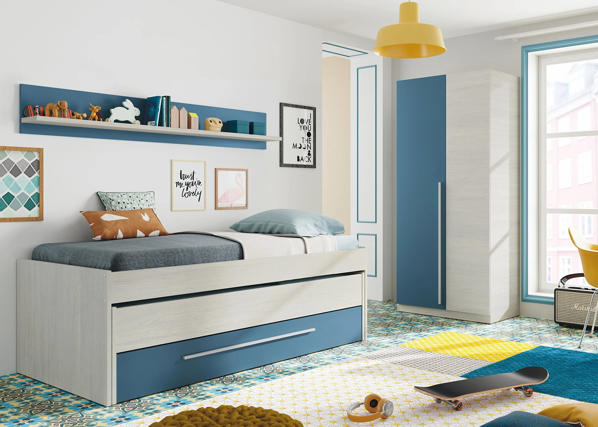 Miroytengo Pack habitación Juvenil con Cama Nido Estante de Pared, Armario y SOMIERES INCLUIDOS Color Blanco y Azul