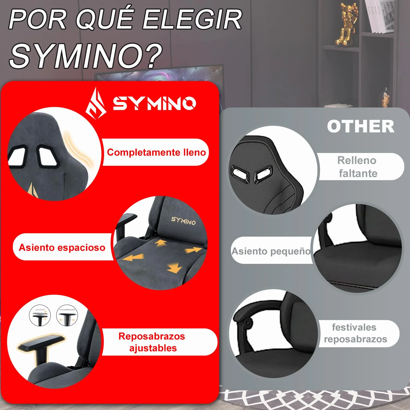 Symino Silla Gaming Ergonómica Reclinable con Reposapiés Ajustable, Soporte Lumbar y Reposacabezas Regulable, Altura Ajustable para Adultos hasta 200kg (Gamuza Artificial,Grey)