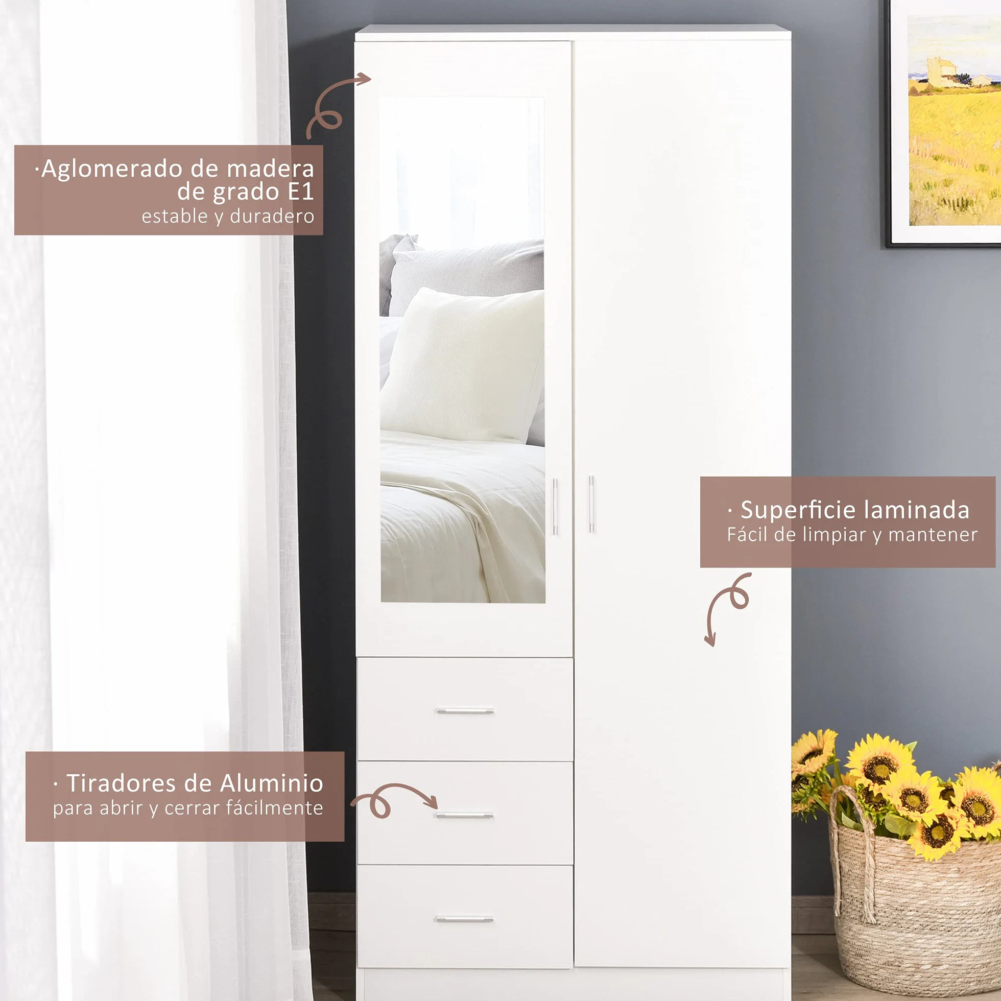 HOMCOM Armario Ropero de 2 Puertas con Espejo 3 Cajones Estantes Ajustables y Barra para Colgar Incluida Mueble Auxiliar para Dormitorio Habitación 80x50x180 cm Blanco