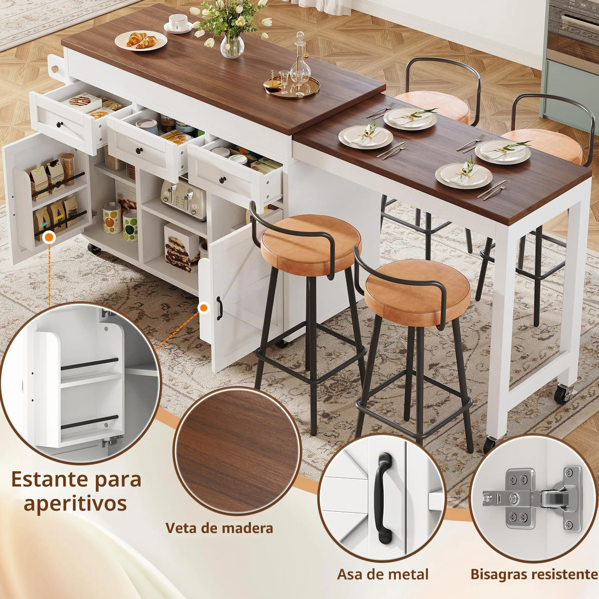 Isla de cocina independiente con encimera, mesa de comedor extensible a 360°, 2 puertas y 3 cajones, carro de cocina móvil, para cocina, comedor, 131,5-210 x 40 x 90 cm