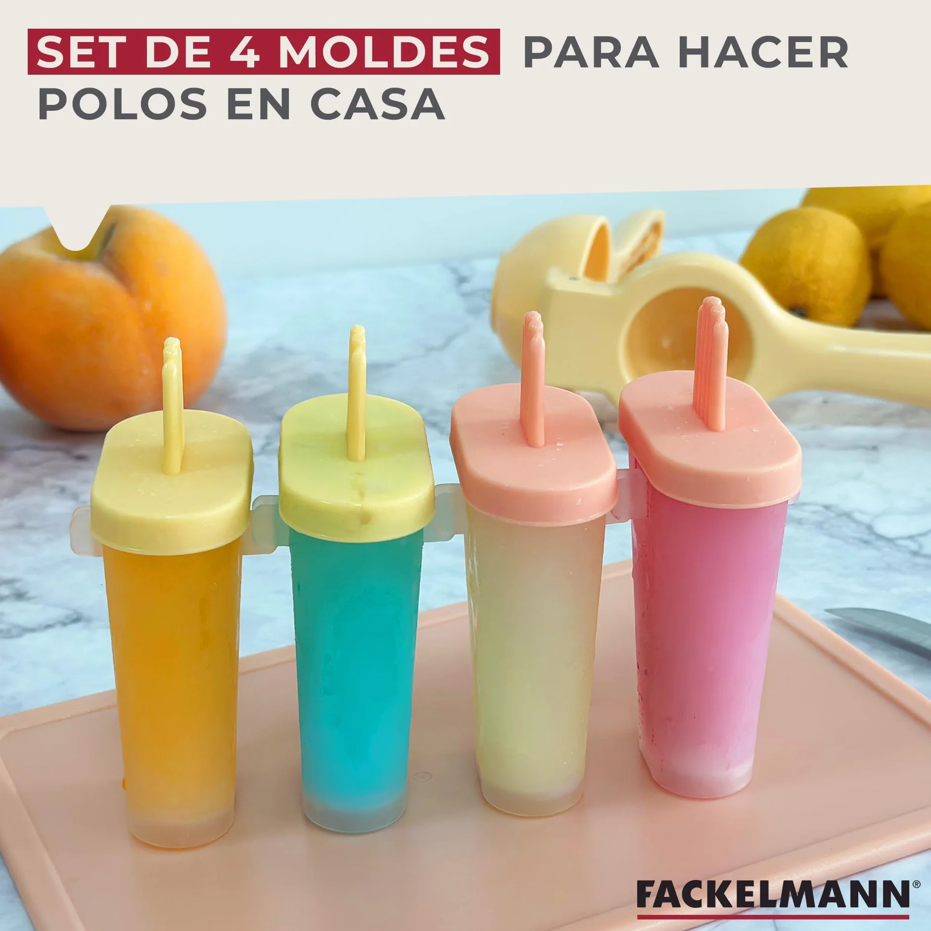 Fackelmann Poleros Moldes para Helados, Polipropileno de Grado Alimenticio, 4 uds, 15x6x11 cm, Amarillo y Naranja Pastel