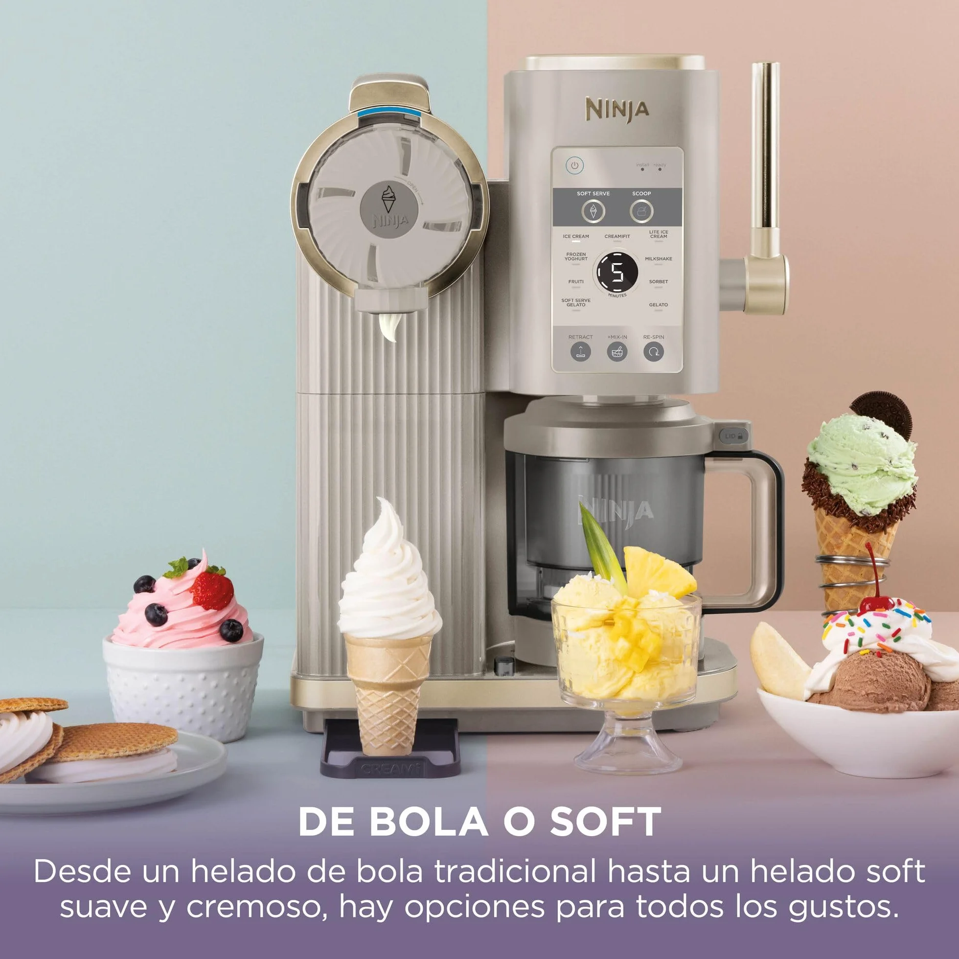 Ninja CREAMi Scoop & Swirl La heladera con 2 tarrinas y 13 funciones prepara helados, helados cremosos, gelatos, batidos y más, y cuenta con la opción de añadir extras, piedra/dorado, NC701EUSTGD