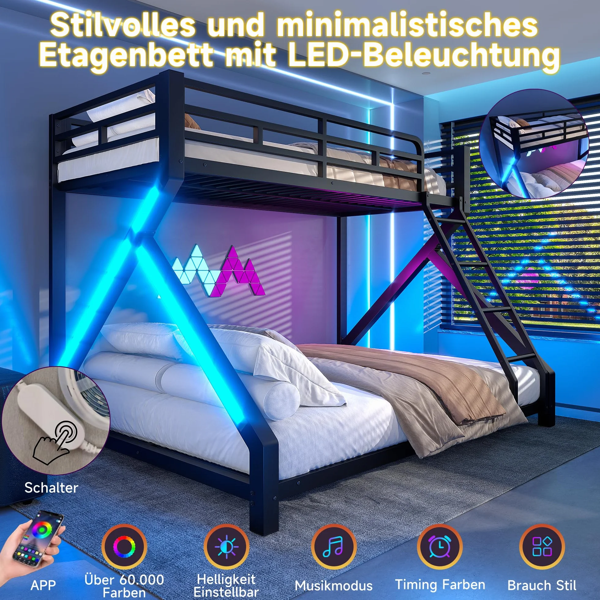 Litera con LED para niños y adultos, cama infantil con barandilla y escalera, hierro 90x200+140x200 cm, negro