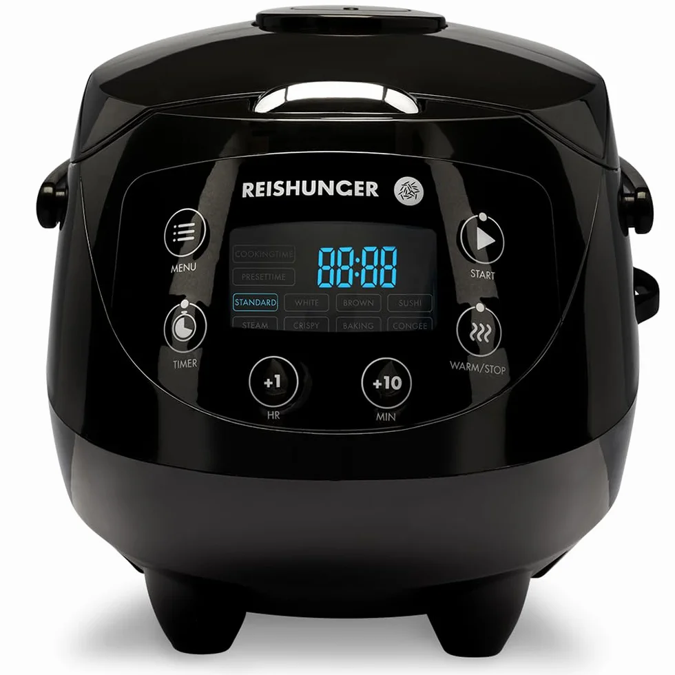 Reishunger Mini Olla Arrocera Eléctrica y Vaporera en Negro hasta 3 Personas (0.6 l) – Hervidor de Arroz con 8 Programas - Con Pantalla LED y Función Automática de Mantenimiento del Calor