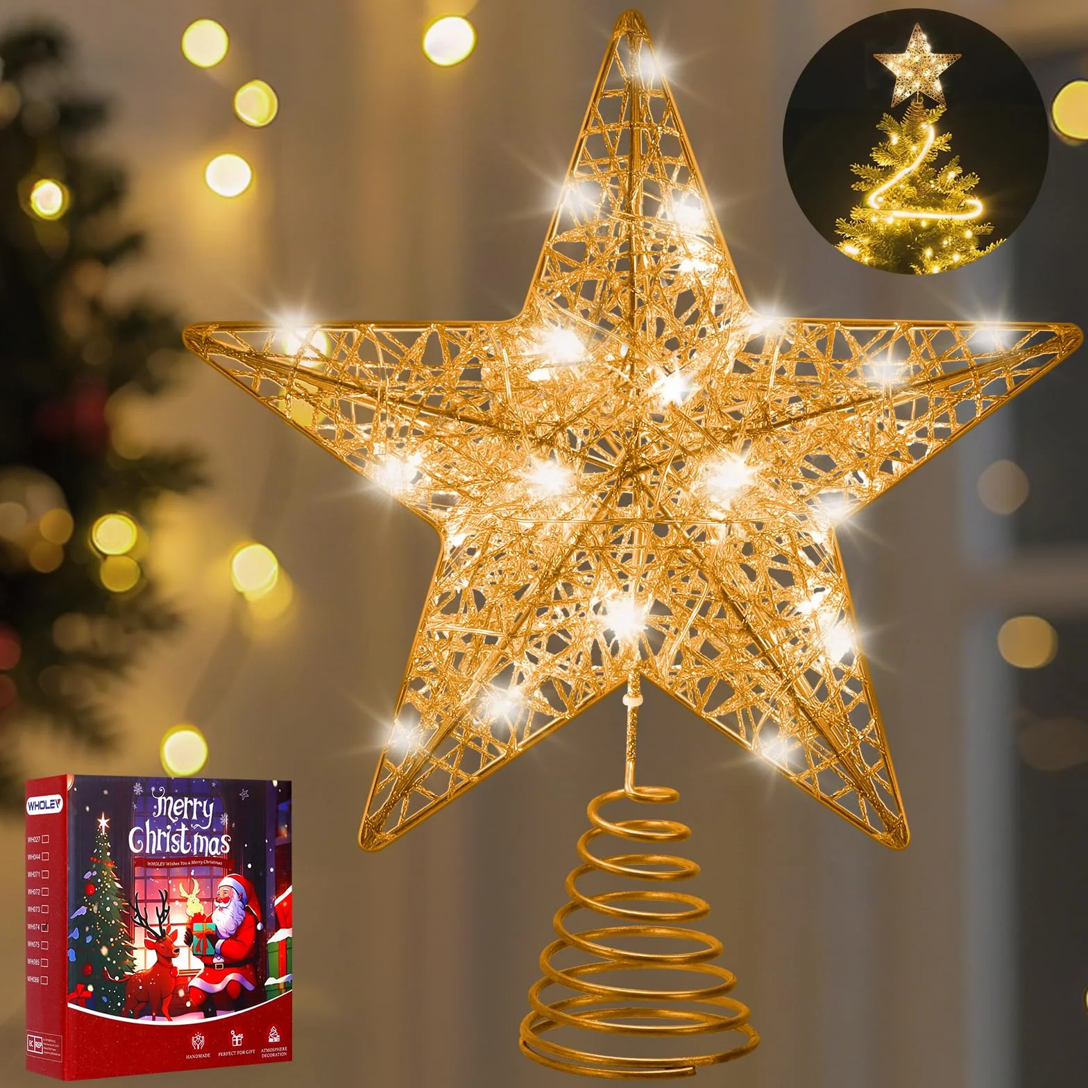 Estrella de Árbol de Navidad Oro Rosa 25CM 20 Luces LED Decorativa Luminosa