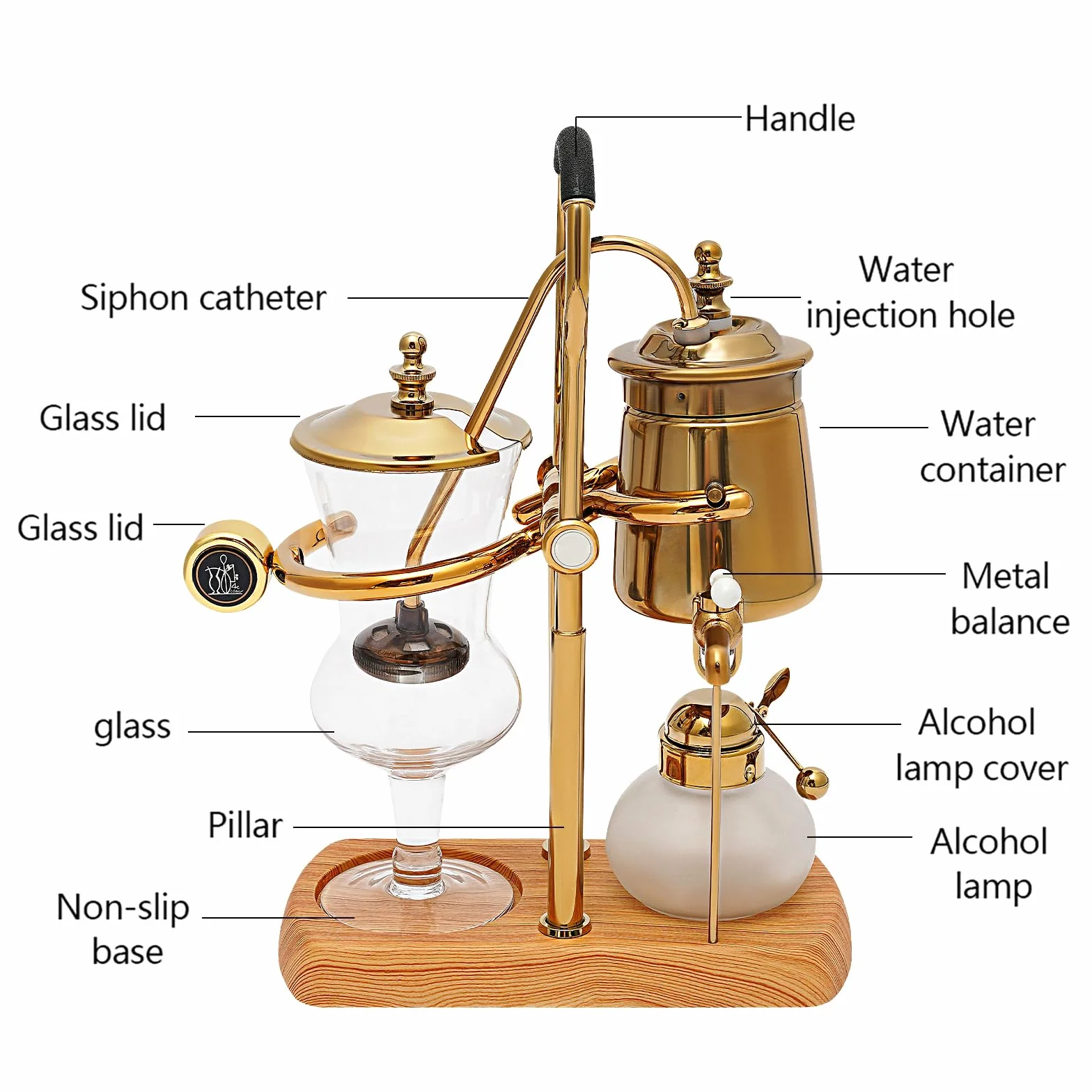 Luxury Siphon Balance - Juego de Cafetera con Sifón, Retro y al Vacío, Tetera, Base de Madera Natural y Pomo (Dorado)