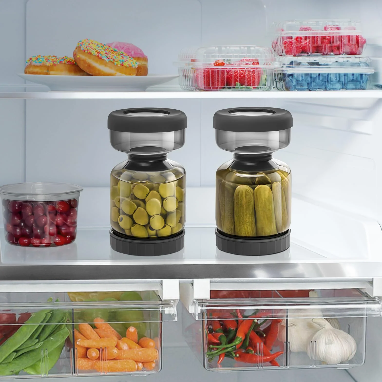 WhiteRhino Tarro de pepinillos con colador Flip,1L Recipiente de para pepinillos con doble a prueba de fugas,Tarro de cristal separador de jugo de pepinillos Flip Pickle y Olive Hourglass Jar(Gris 1L)
