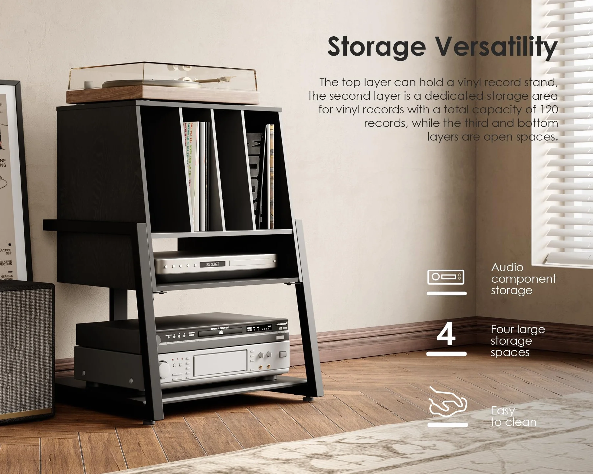 FITUEYES Mueble Tocadiscos, Mueble HiFi de Madera y Metal, Almacenamiento para 120 Discos, para Sistemas Compactos, para Salones y Salas de Música