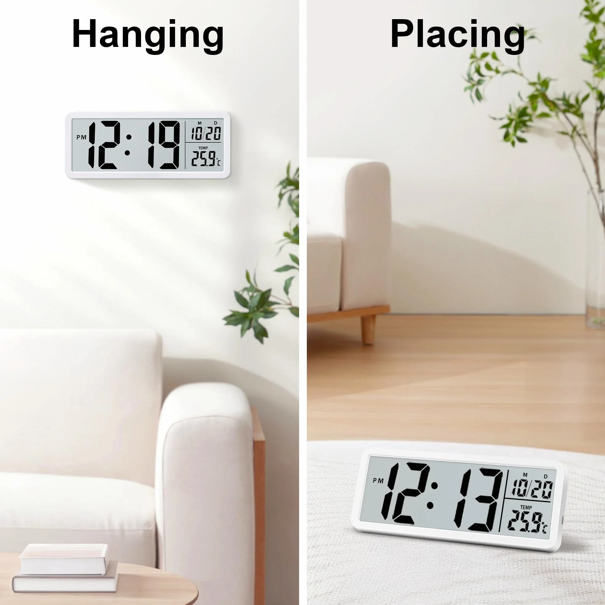 Lafocuse 8.5" Reloj de Pared Digital Pilas, LCD Pantalla Grande Silencioso, Reloj Digital de Pared et de Sobremesa con Temperatura, Fecha, 12/24 Horas, para Salon Cocina Dormitorio Oficina, Blanco