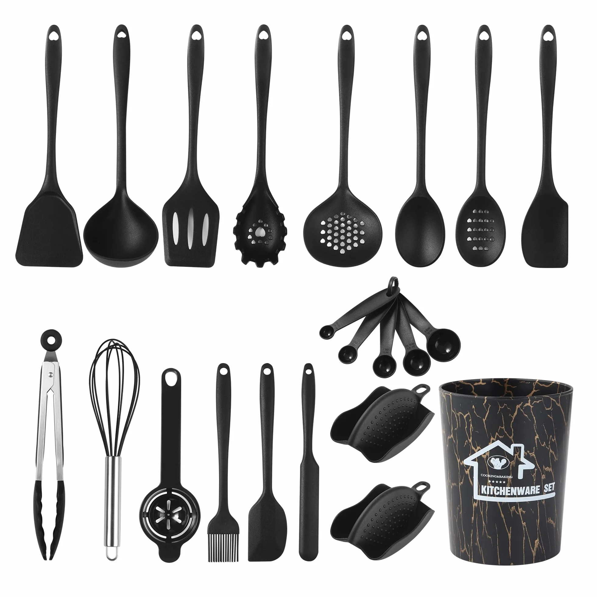 22 Piezas Utensilios Cocina de Silicona,Utensilios de Cocina de Silicona,con Cubo de Almacenamiento, Sartén Antiadherente Saludable, Apta para Lavavajillas (Negro)