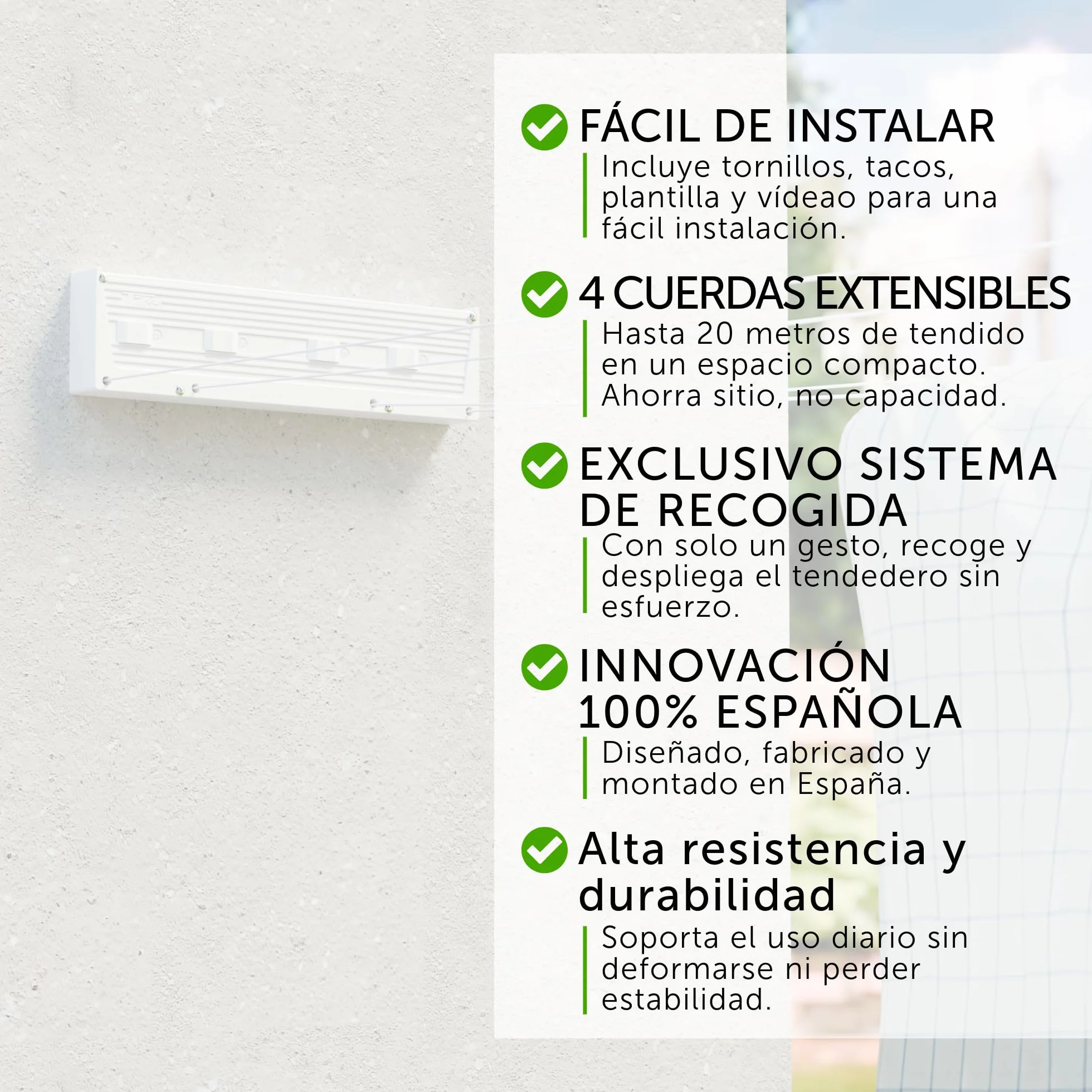 Cuncial TZ-S-4 Tendedero Automático de Pared 4 Cuerdas 20 m Extensible 5 m Blocaje Individual Compacto Resistente Fabricado en España