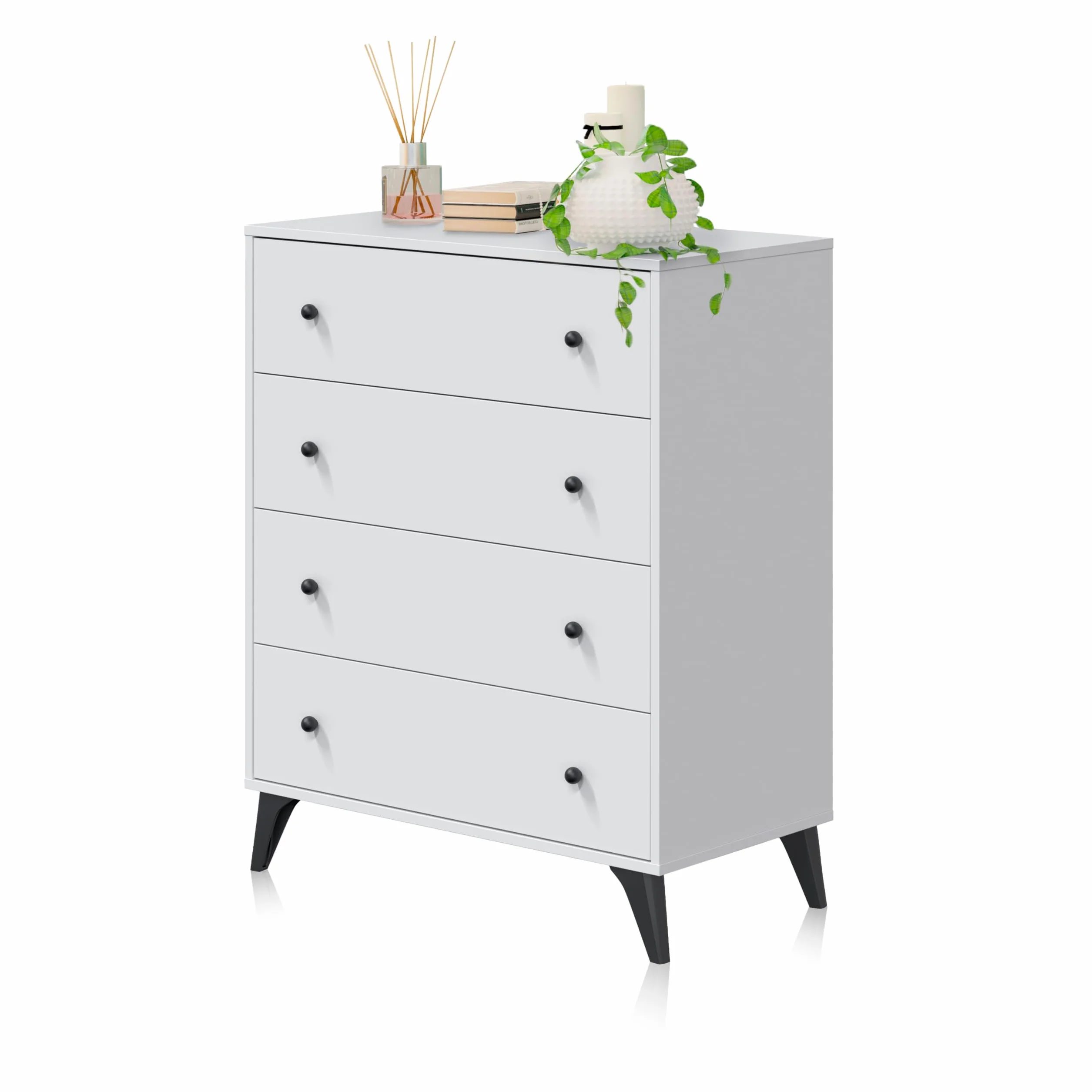 duehome | Comoda de 4 Cajones para Dormitorio, Cajonera Dormitorio, Modelo Iconic, Acabado en Blanco Artik y Negro, Medidas: 77,5 cm (Largo) x 95 cm (Alto) x 40 cm (Fondo)