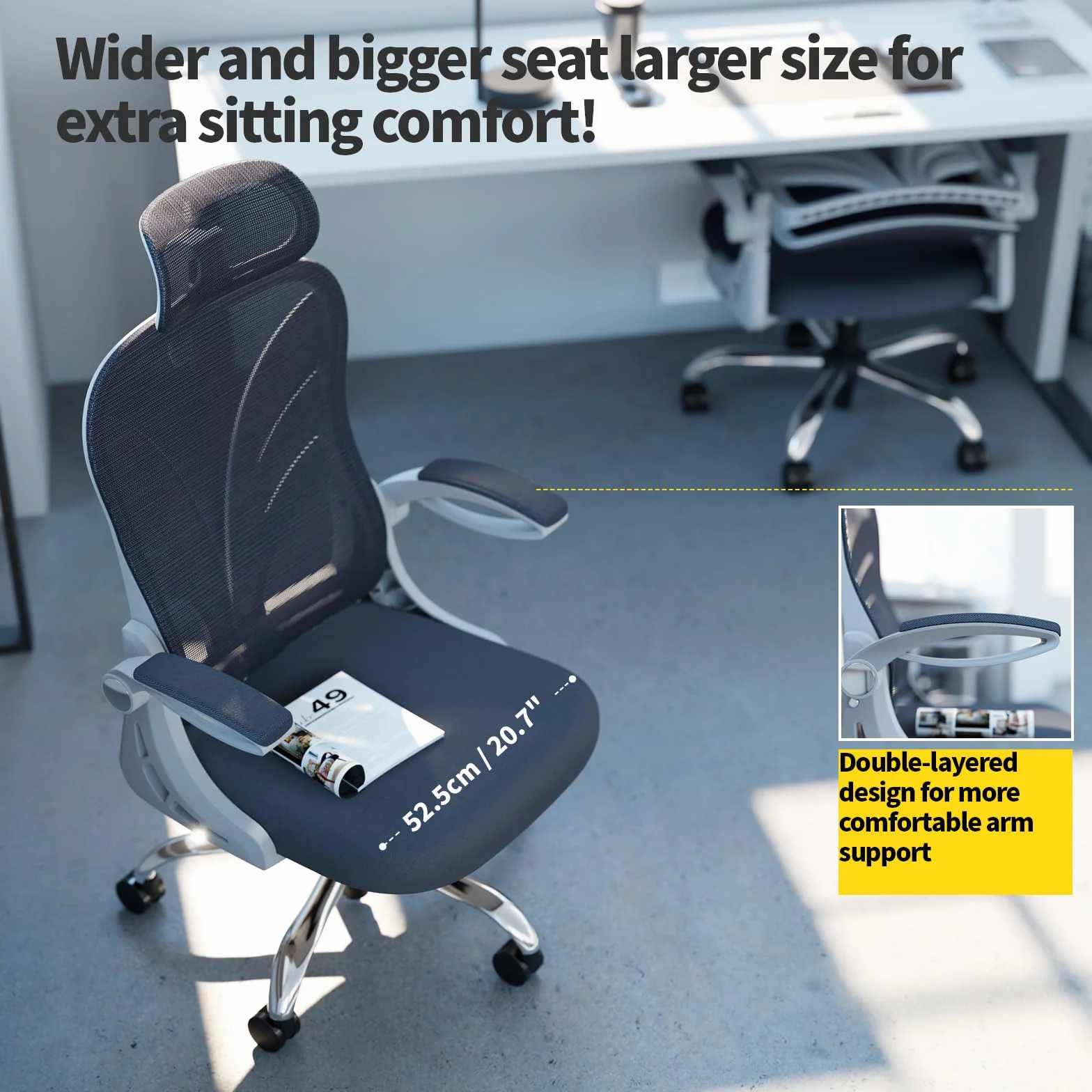 Silla Ergonómica de Oficina con Respaldo Plegable, Reposabrazos, Reposacabezas 2D y Soporte Lumbar, Giratoria Ejecutiva, Blanca