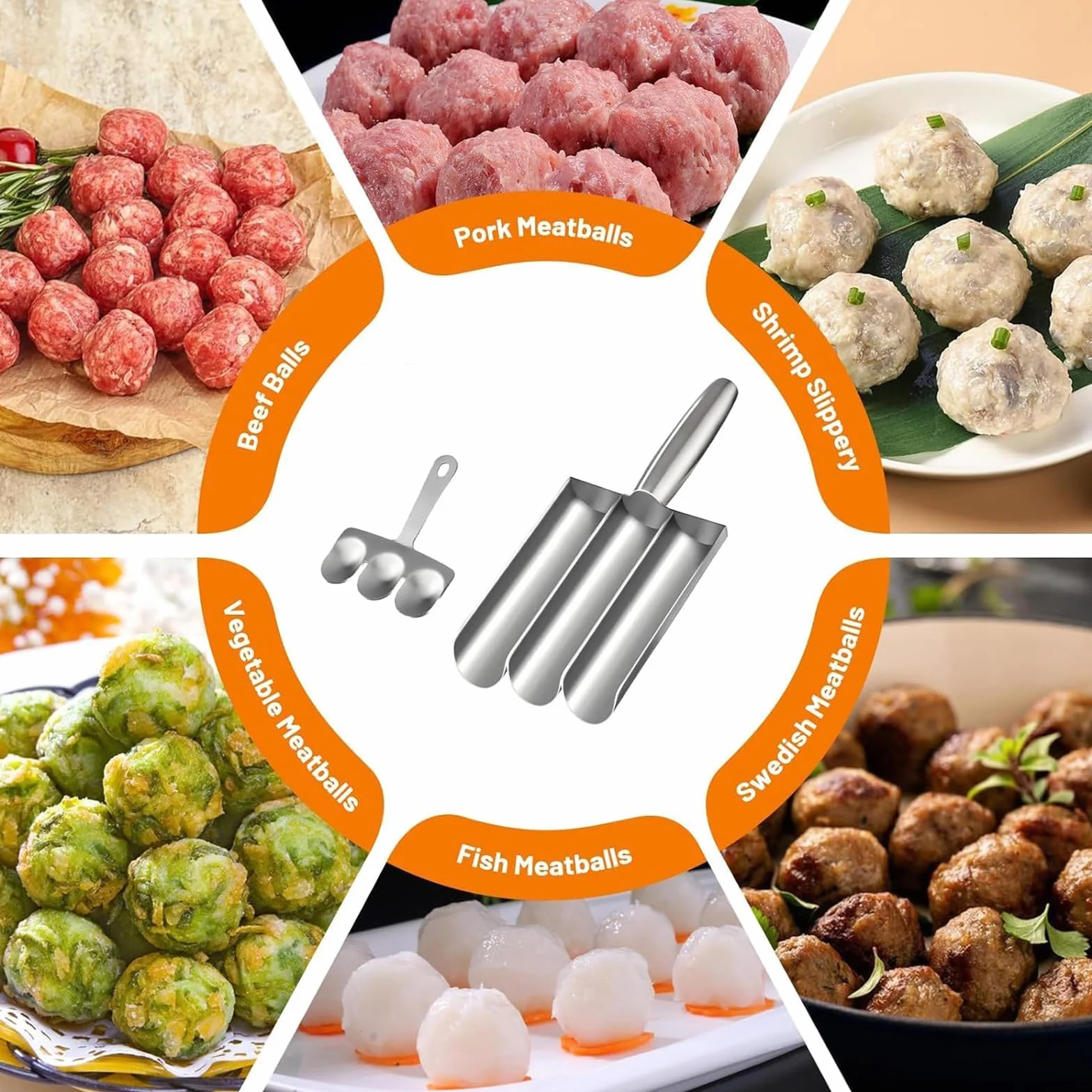 Moldeador de Albóndigas Manual Triple de Acero Inoxidable para Hacer Bolas de Pescado y Camarón