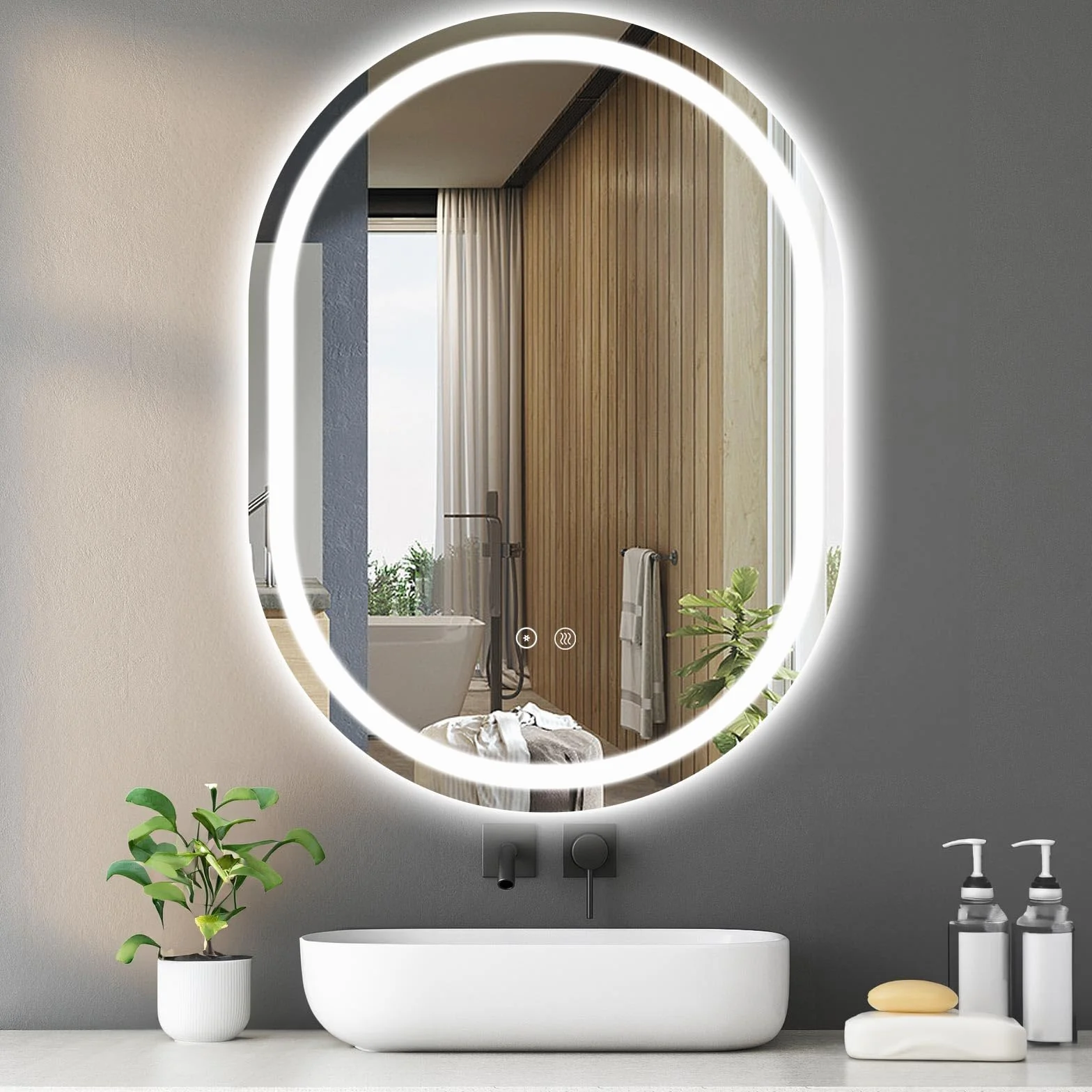 SaniteModar Espejo Ovalado Baño con Luz 60x80 cm, Espejo Baño LED Antivaho con 3 Temperaturas de Color y Brillo Ajustable, Función Memoria, Montaje Vertical, IP44 Impermeable