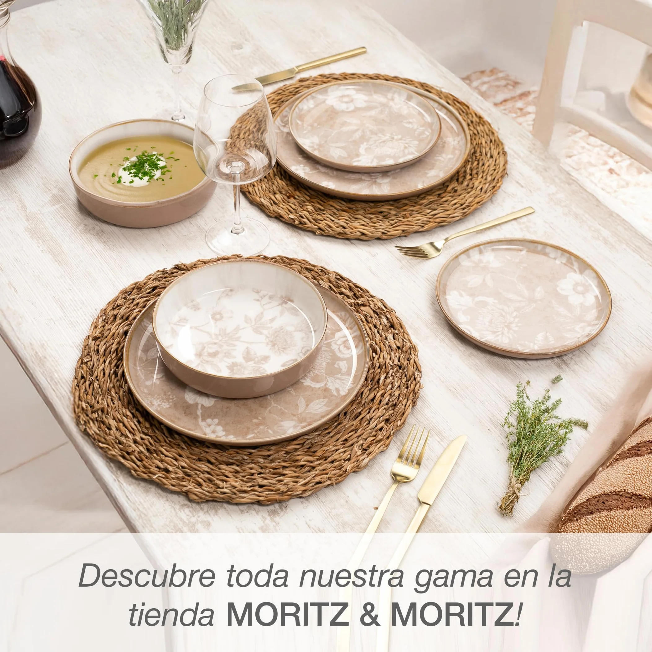 Moritz & Moritz MARIELLA - Vajilla de gres para 6 personas, 24 piezas, moderna vajilla en color beige con diseño divertido, servicio de café de fácil cuidado con platos, cuencos y tazas, vajilla
