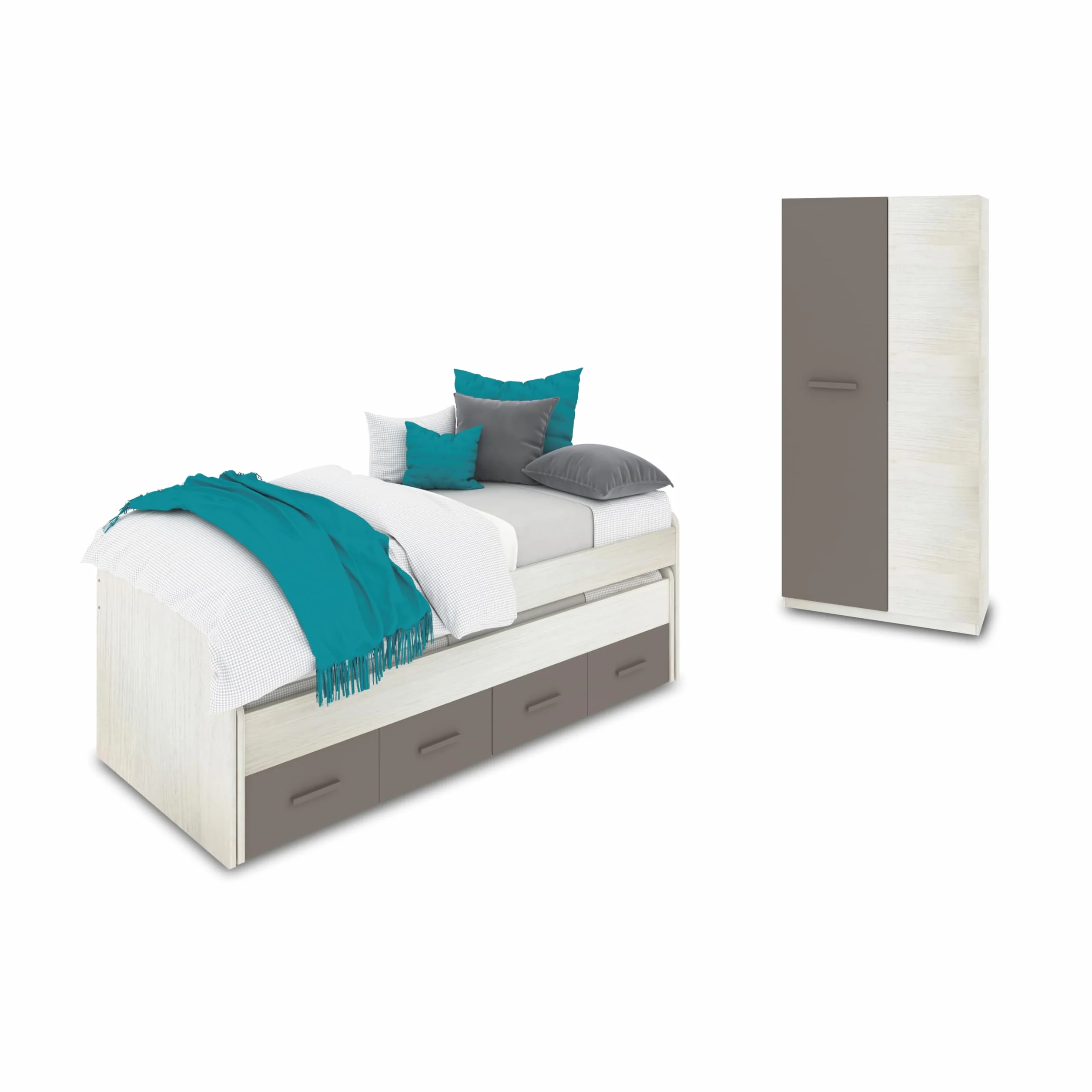 duehome | Pack de Dormitorio Juvenial con Cama Nido Juvenil y Armario, Conjunto de Dormitorio Infantil, Modelo Axim Plus, Acabado en Blanco Alpes y Basalto