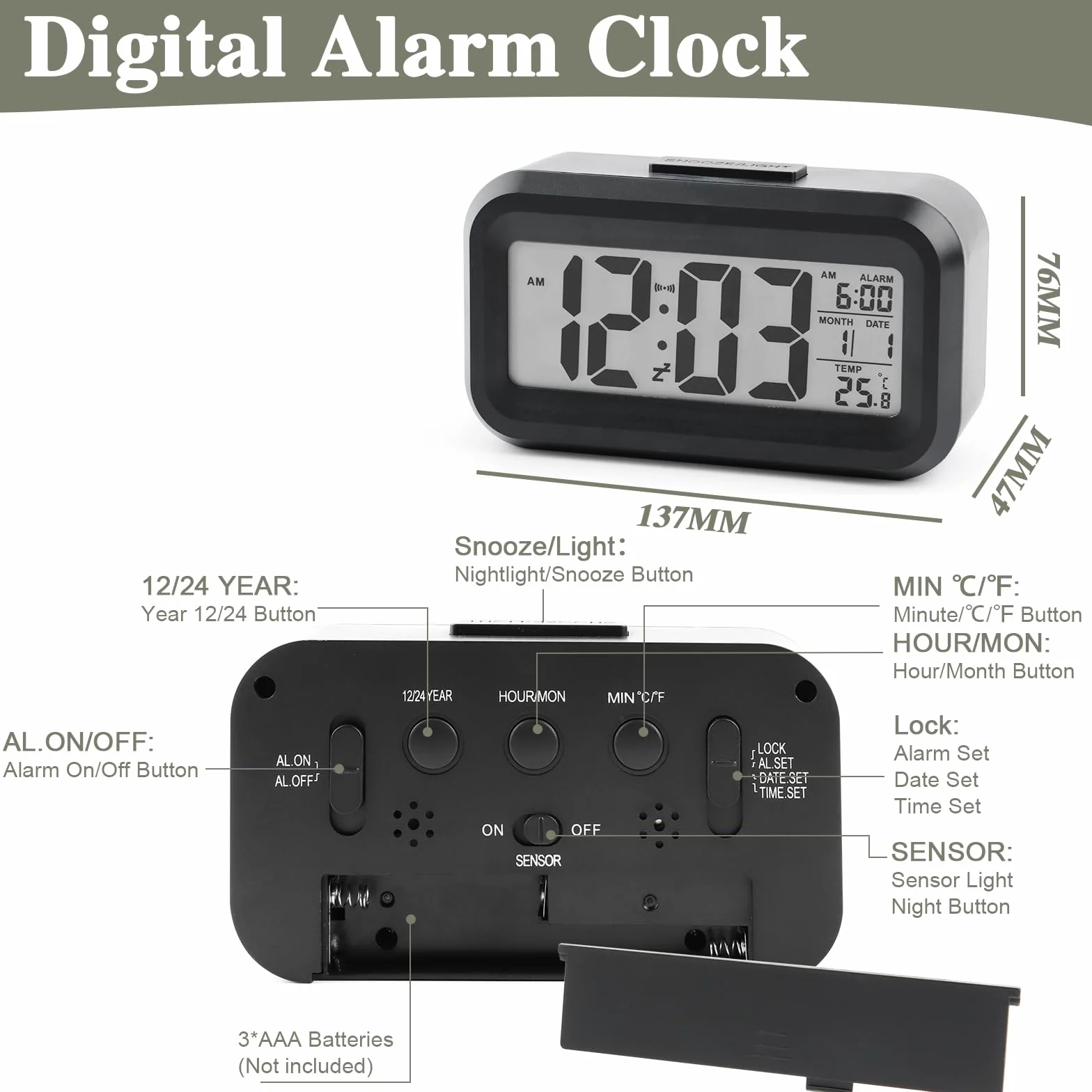 VFANDV Despertador Digital, LCD Reloj Despertador Digital con Termómetro Función Snooze Reloj Inteligente de Cabecera a Pilas Reloj de Mesa de Viaje para Sala de Oficinas Familiares