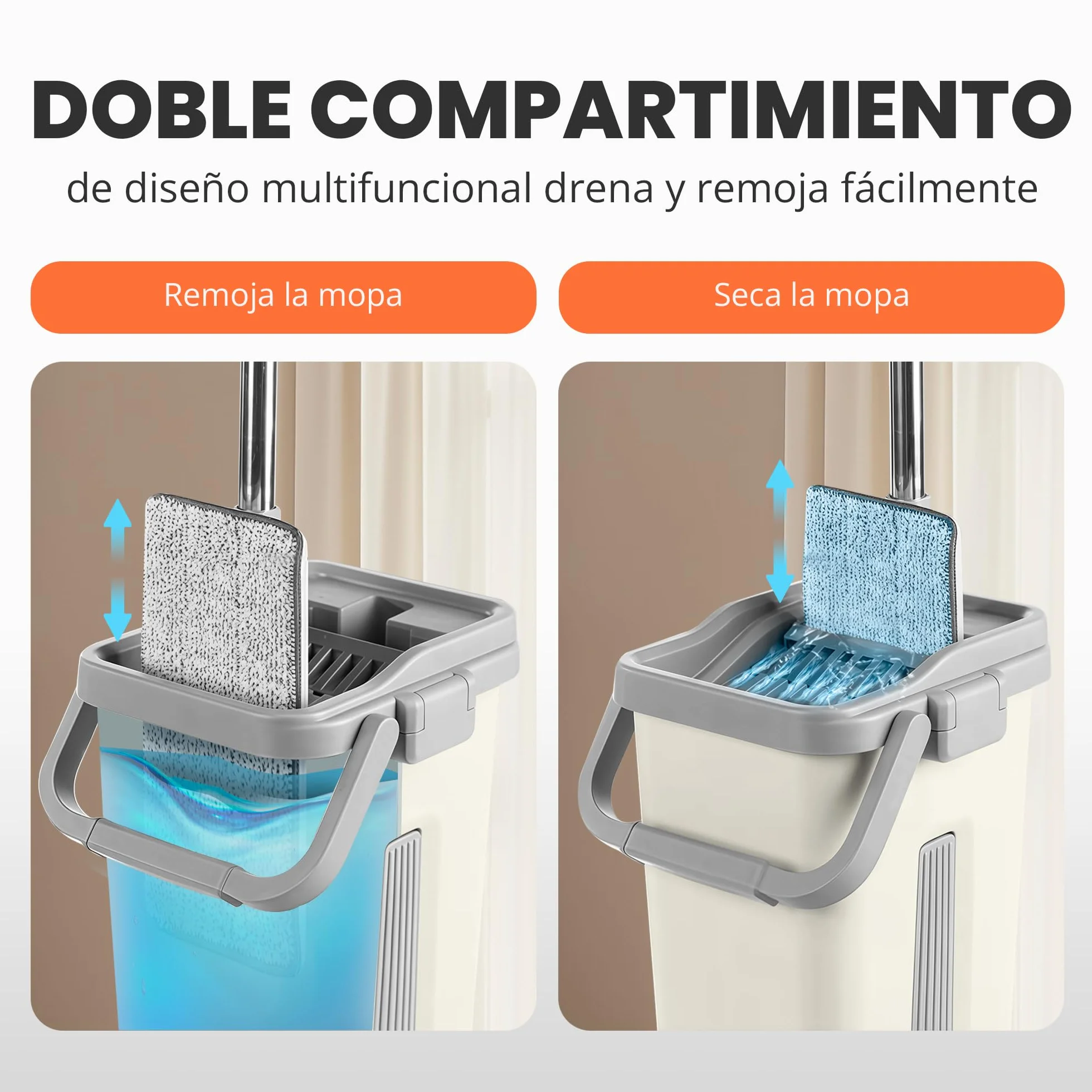 JUPPLIES Mopa Fregona con Cubo Escurridor Doble Compartimento 7,5 L Sistema Giratorio Mango Telescópico Recambios Microfibra Blanco 6 Recambios