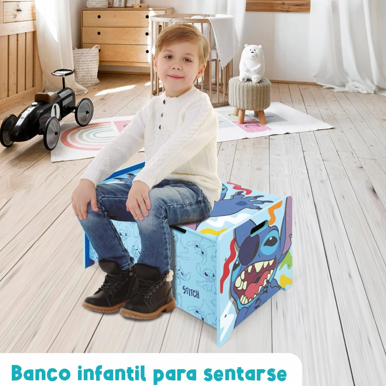 Banco juguetero de madera Stitch Disney 62.5x40x37cm azul