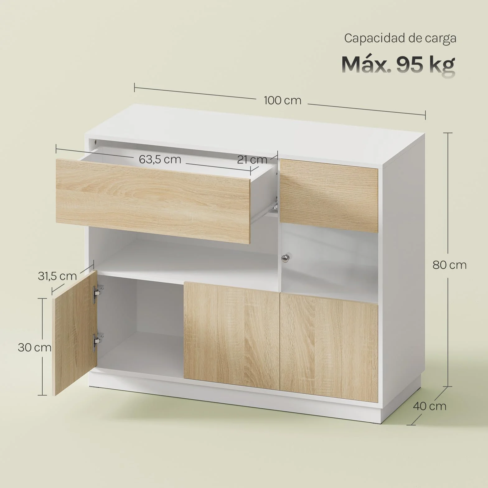 WOLTU Aparador Cocina, Buffet Cocina con Cajones, Zona Abierta y Puerta Transparente, Mueble Auxiliar para Comedor, Salón y Cocina, 100x40x80 cm, Roble Claro+Blanco