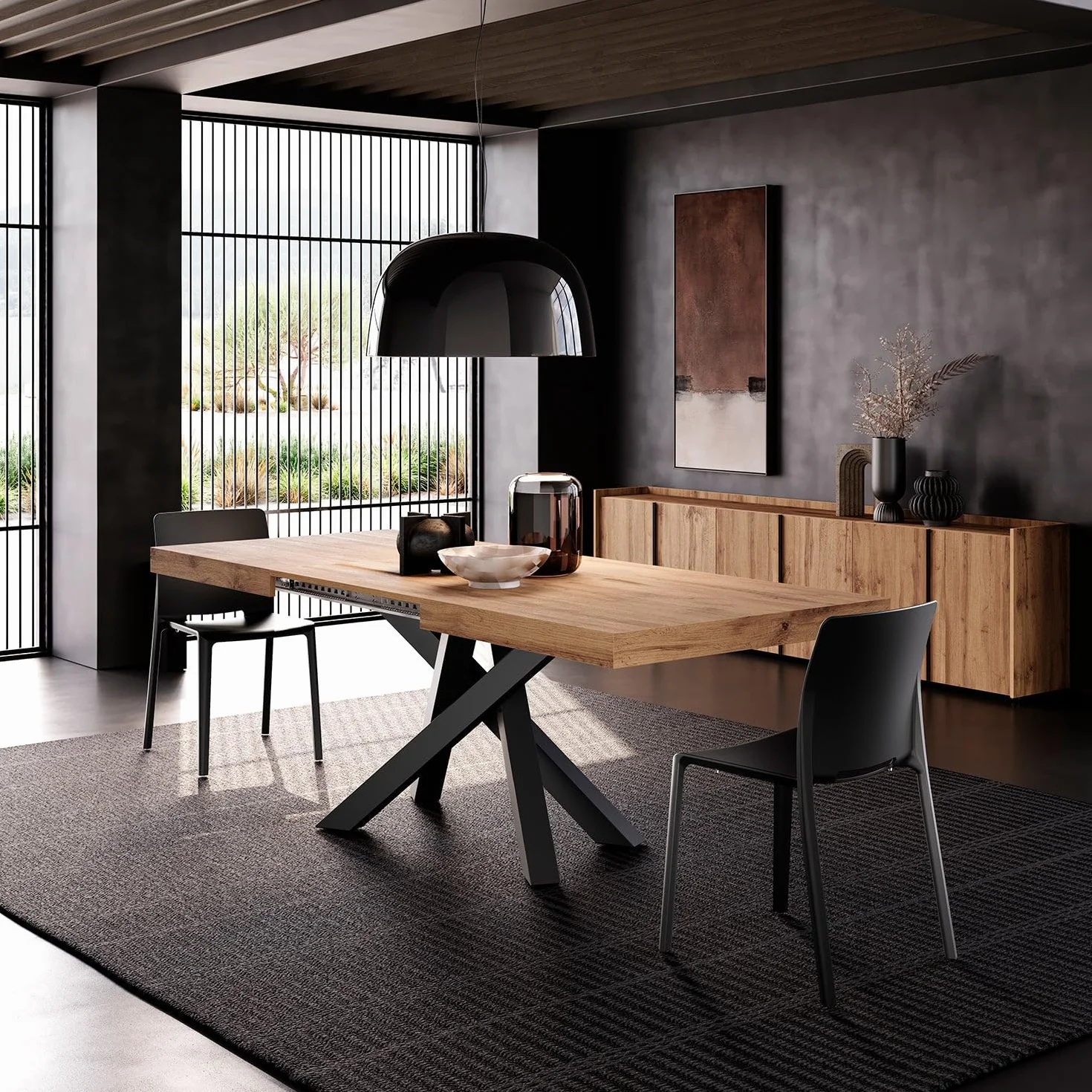 MOBILI FIVER, Mesa Extensible Emma 140(220) x90 cm, Color Madera rústica con Patas Cruzadas Negras, para 6-10 Personas, Mesa Extensible de Comedor, Mesa Cocina, Salon, Made In Italy