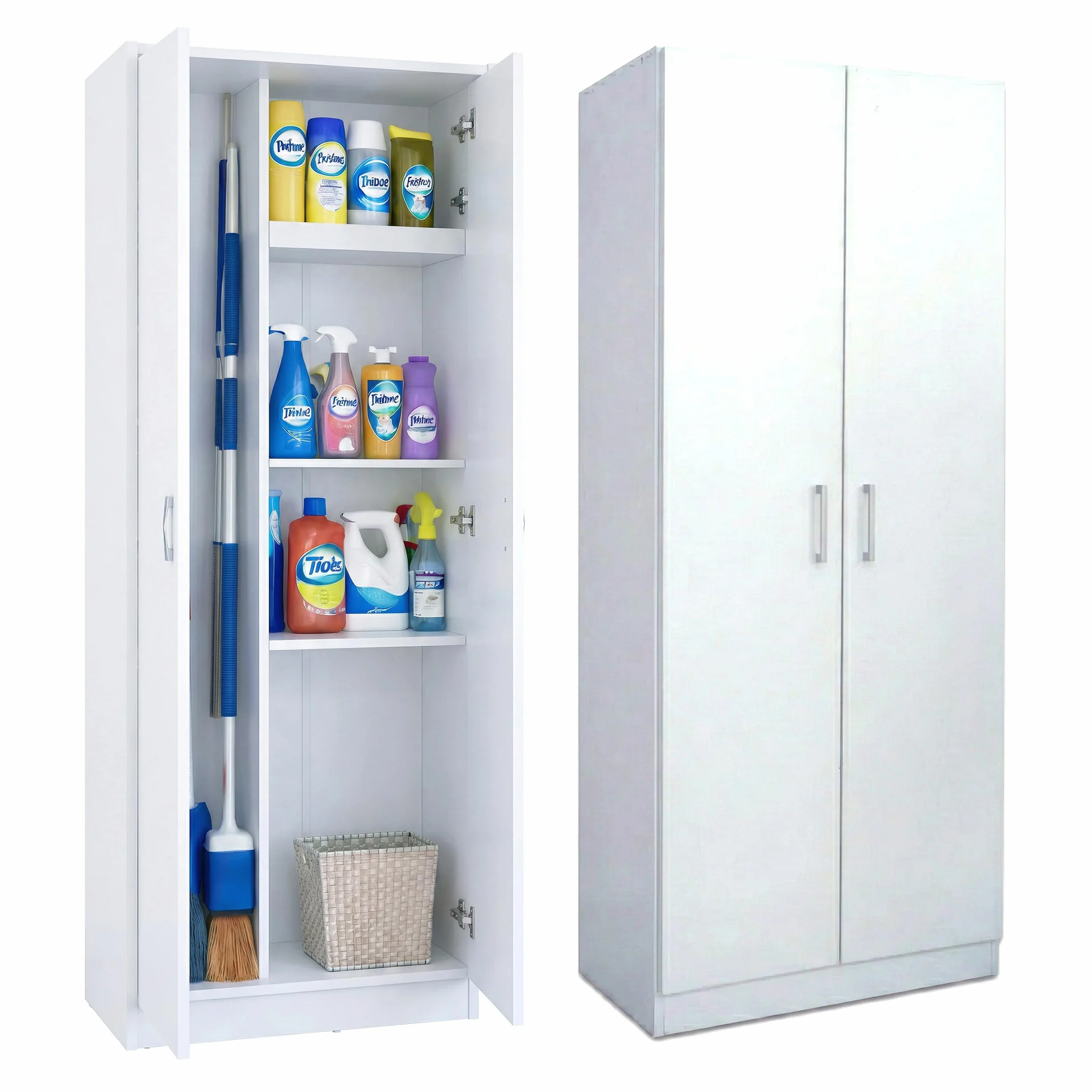 Marctani Armario Escobero Interior Blanco - Mueble Escobero Multiusos con Estante Central Regulable - Capacidad 15kg por Estante - Armario de Limpieza para Despensa o Lavadero