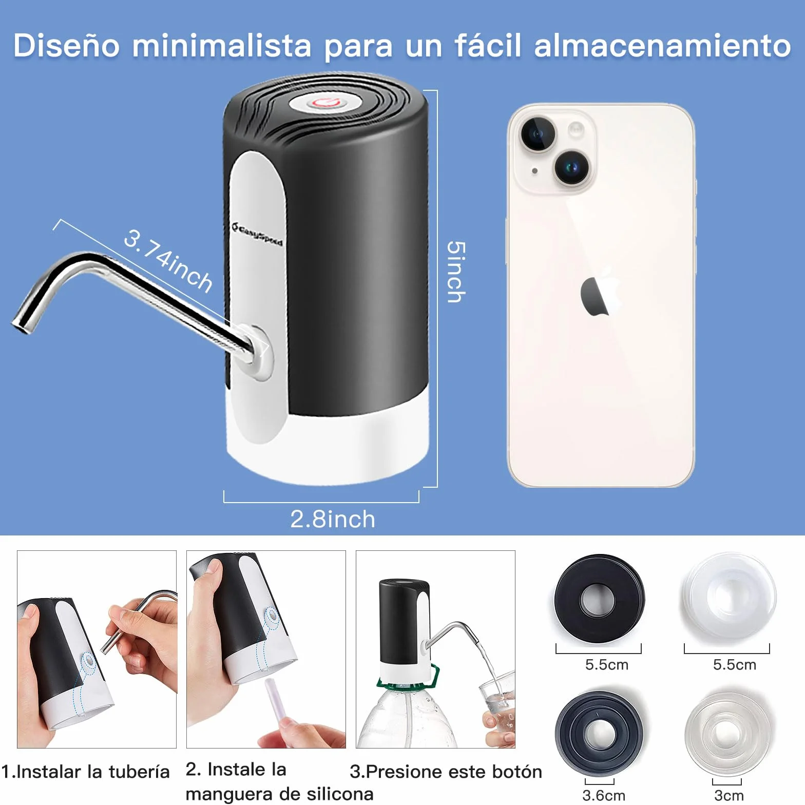 EASYSPEED Dispensador de Agua eléctrica USB-C, Bomba automática portátil con 2 adaptadores para Botellas y garrafas de 5, 8, 10, 15 y 20 litros, 1200mAh para Camping Oficina Gimnasio, Negro