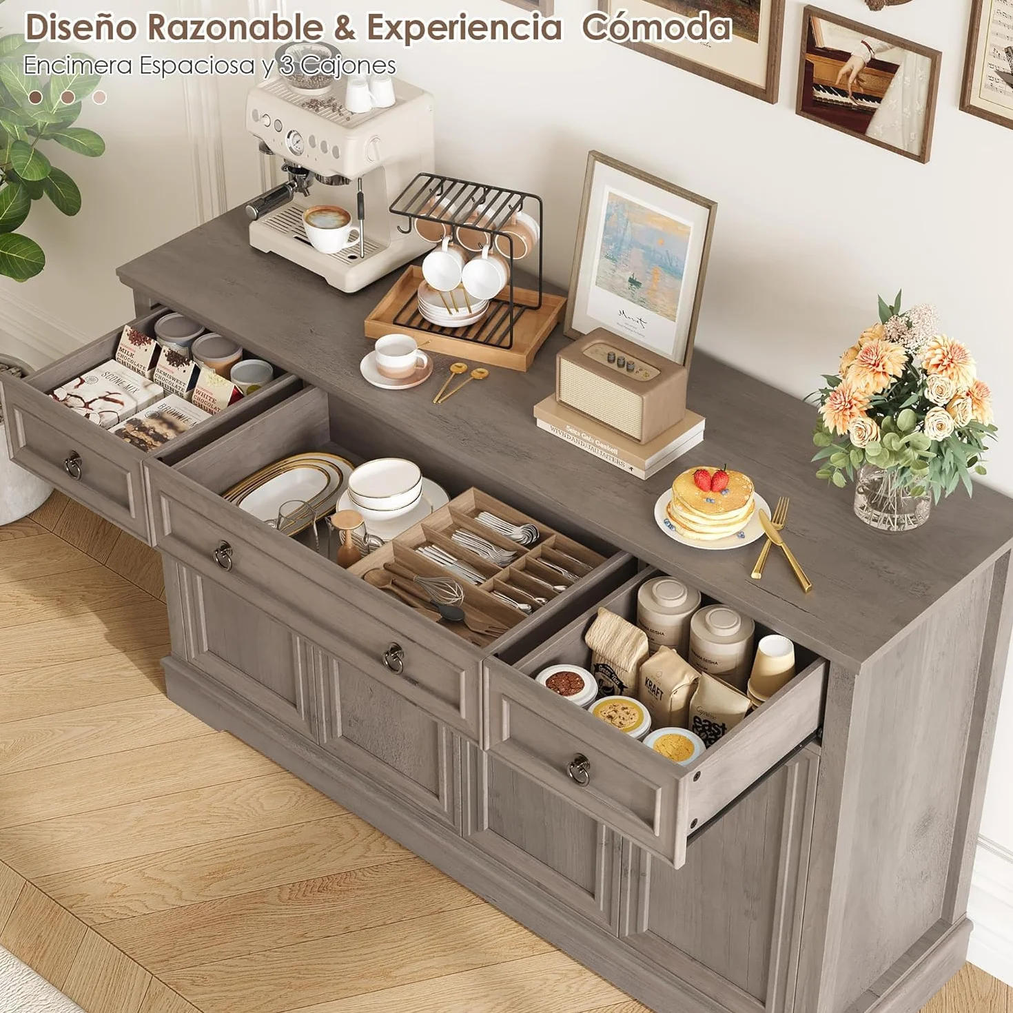 FirFurd Aparador Cocina, Armario de Almacenaje Comedor, Mueble Auxiliar de Cocina, Mueble Aparadores Salón con 3 Cajones y 4 Puertas, Estantes Ajustables 134x40x87cm Marrón
