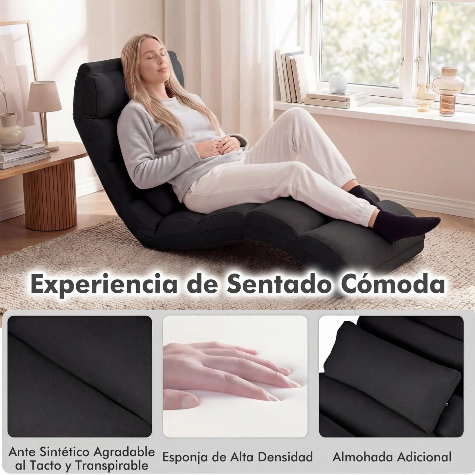 COSTWAY Sillón Cama Plegable en 5 Posiciones, Silla de Suelo con Respaldo Ajustable, Sofá Perezoso Individual con Reposacabezas Ideal para Jugar, Dormir, y Leer, Capacidad de Carga de 100 kg (Negro)
