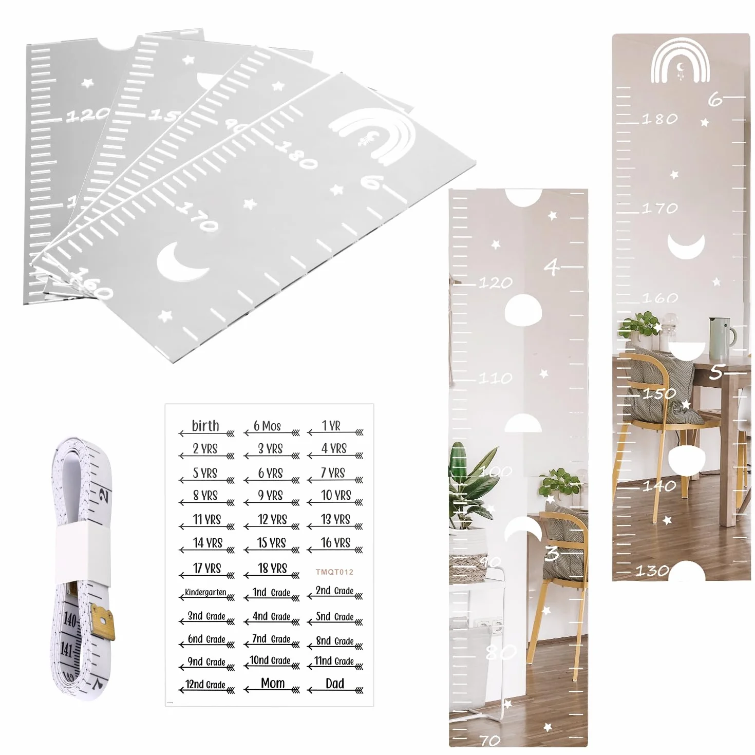 4 Espejos de Crecimiento, Espejo con Tabla de Crecimiento Regla de Pared para Niños Espejo de Altura para Registro de Altura de Niños Decoración de Pared para Dormitorio