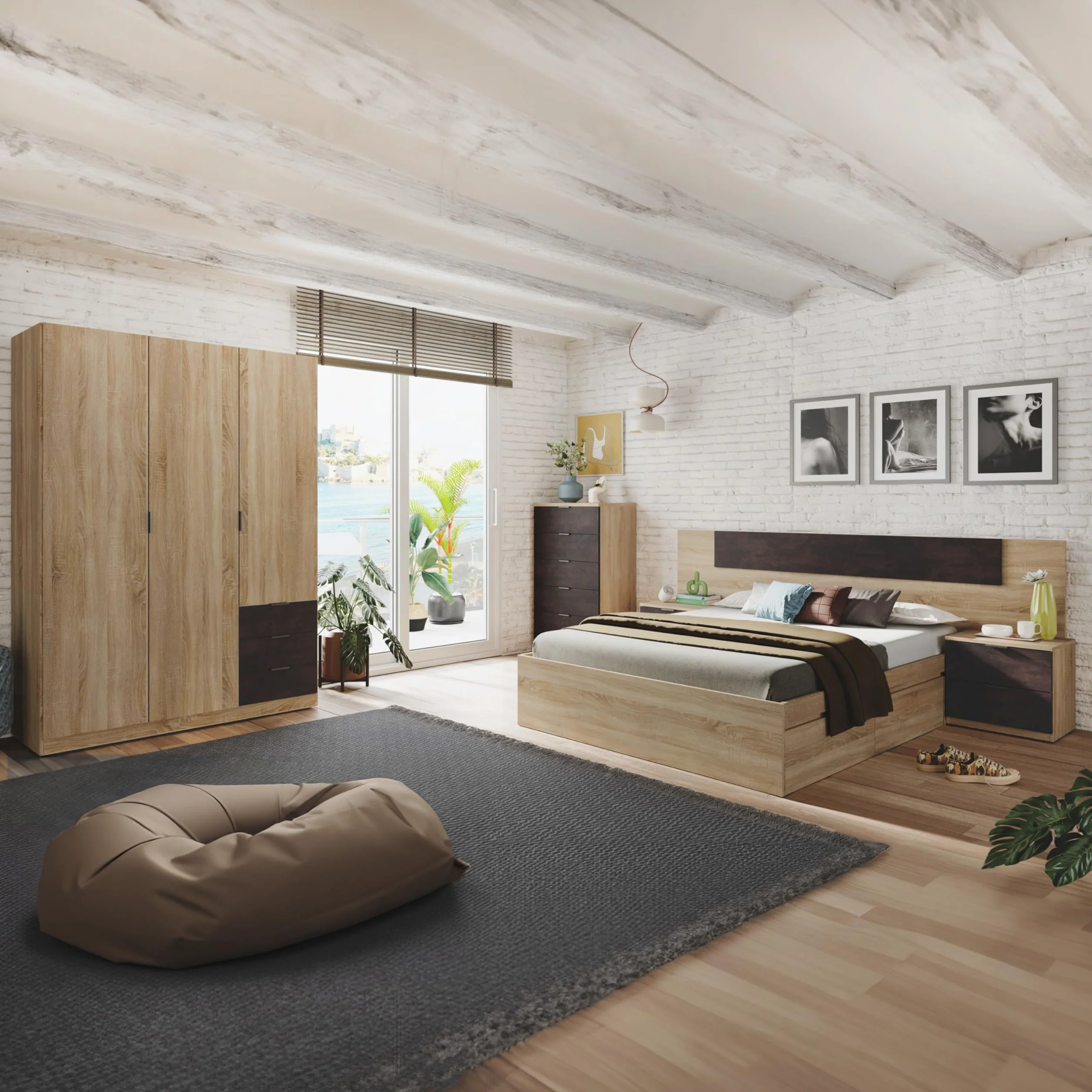 duehome | Armario de 3 Puertas y 3 Cajones, Armario para Dormitorio, Modelo Hexa, Acabado en Roble Canadian y Oxido, Medidas: 121 cm (Largo) x 180 cm (Alto) x 52 cm (Fondo)