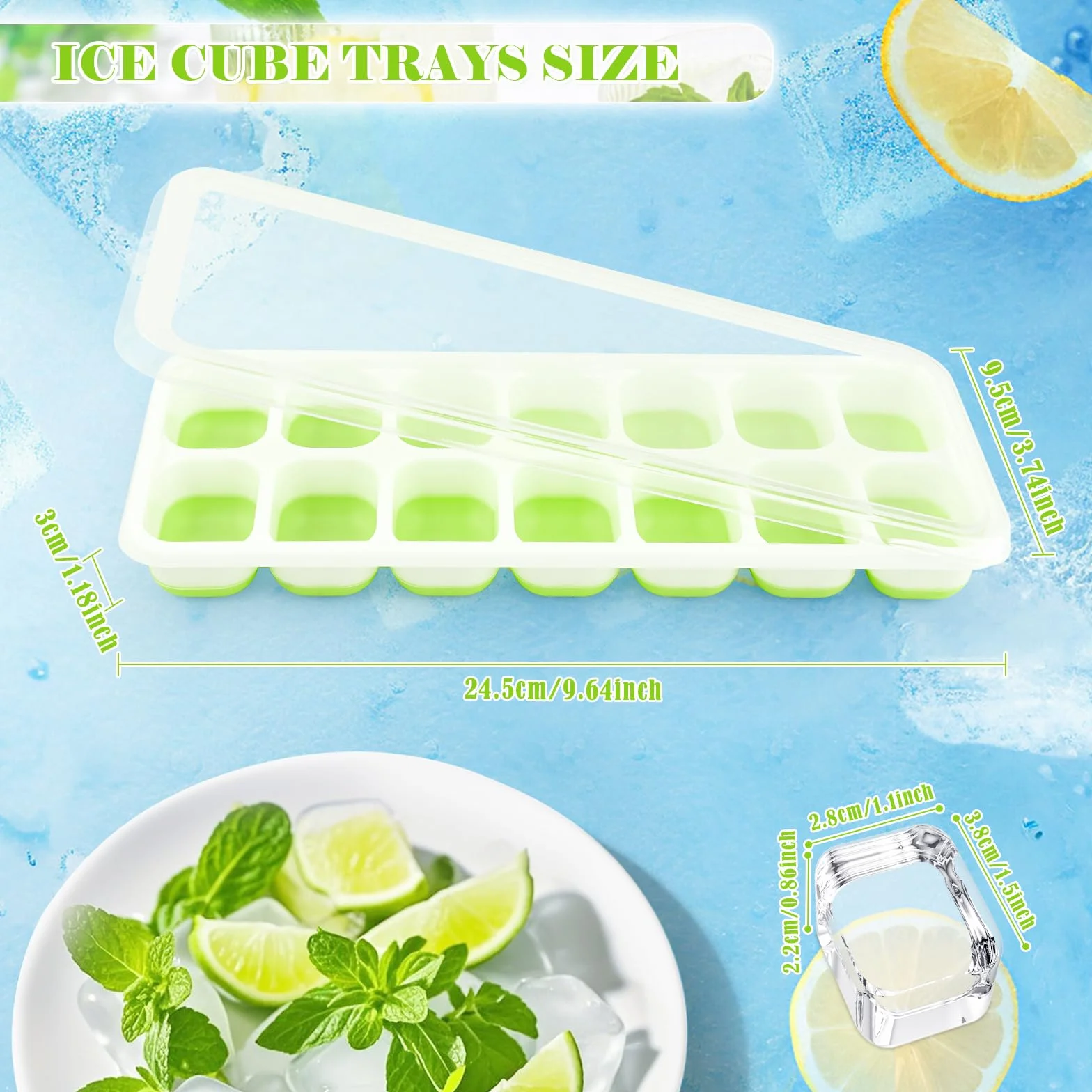 RISVOWO Cubiteras para Hielo con Tapa, 4 Piezas Moldes de Silicona Reutilizables Apilables Verde