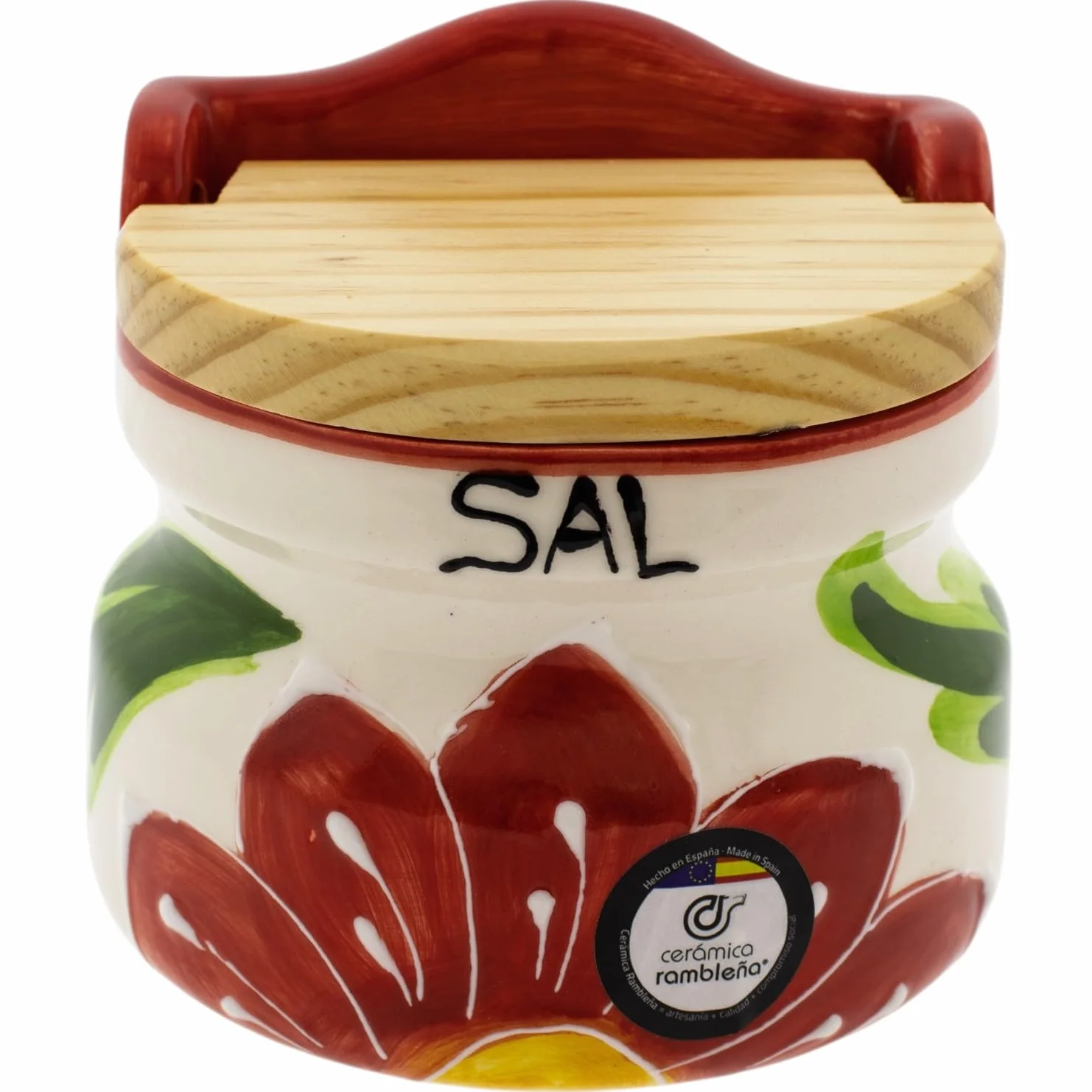 CERÁMICA RAMBLEÑA | Salero cocina | Salero con tapa de madera original | Decoración Modelo 09 | 100% Decorado a Mano