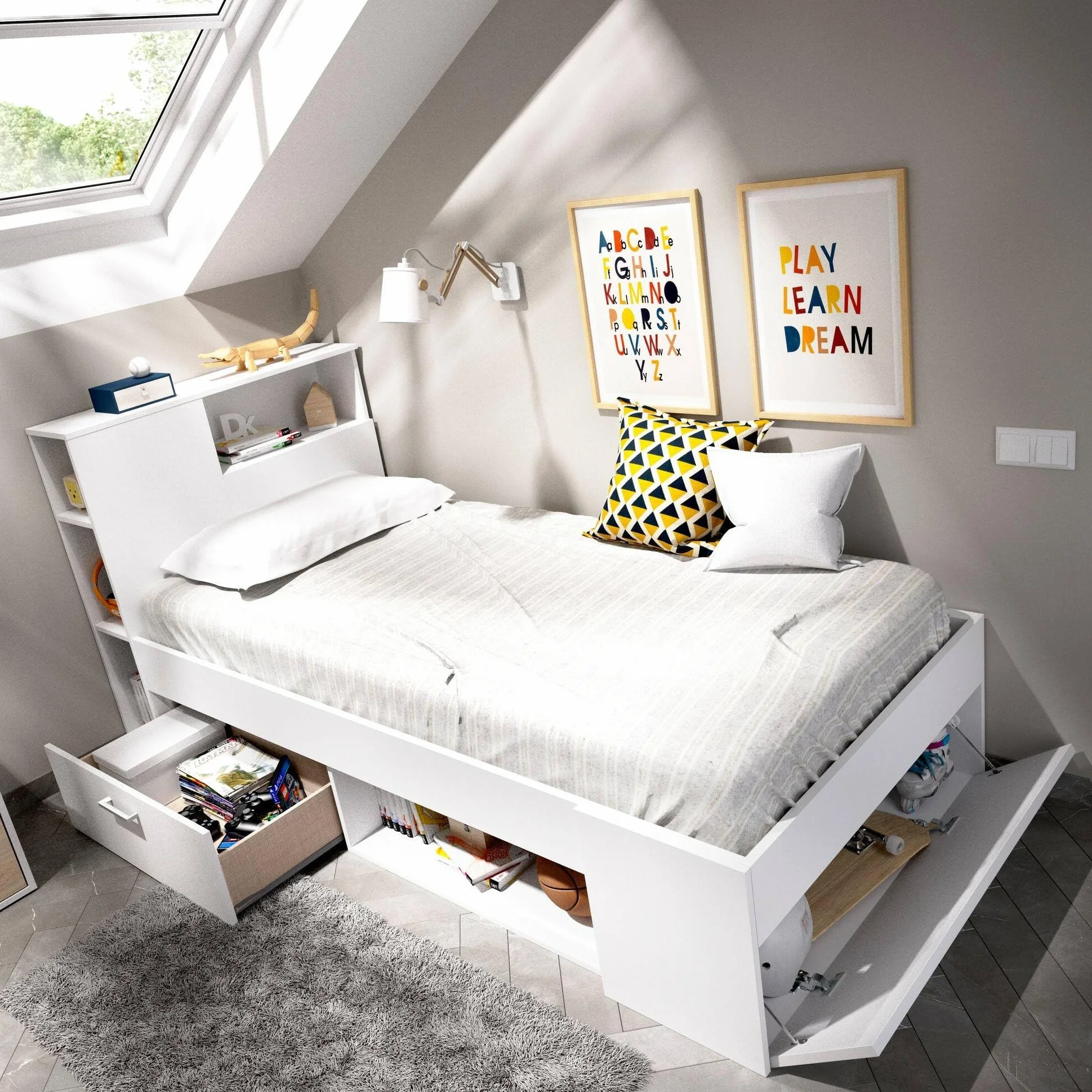 DEKIT GRUPO RIMOBEL Lanka, Cama Compacta de 90 x 190 con Cajones, Blanco, 96 x 99 x 218 cm