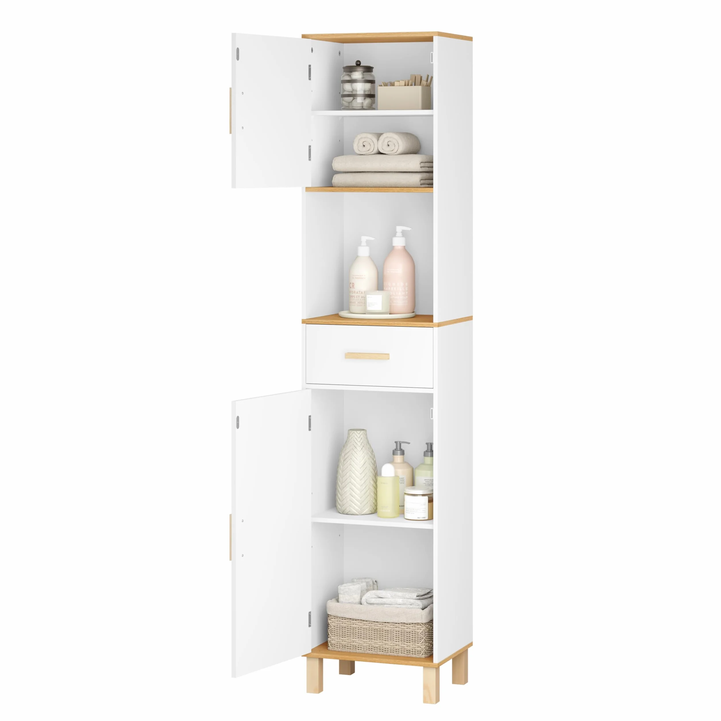 EUGAD Armario Baño Alto, Armario Columna de Almacenamiento, Mueble Baño Blanco con 2 Puertas, 4 Compartimentos Interiores, 1 Compartimento Abierto y 1 Cajón, MDF, 39x30x179 cm