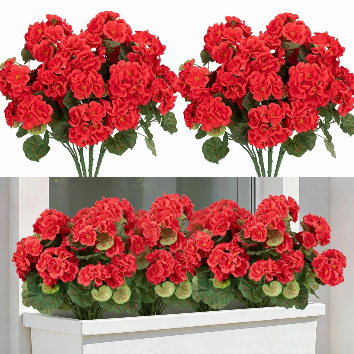 Geranios Artificiales Exterior Laelfe 4 Ramos Flores Decoracion Hogar Balcón Jardin Patio Maceta Colgante Rojo