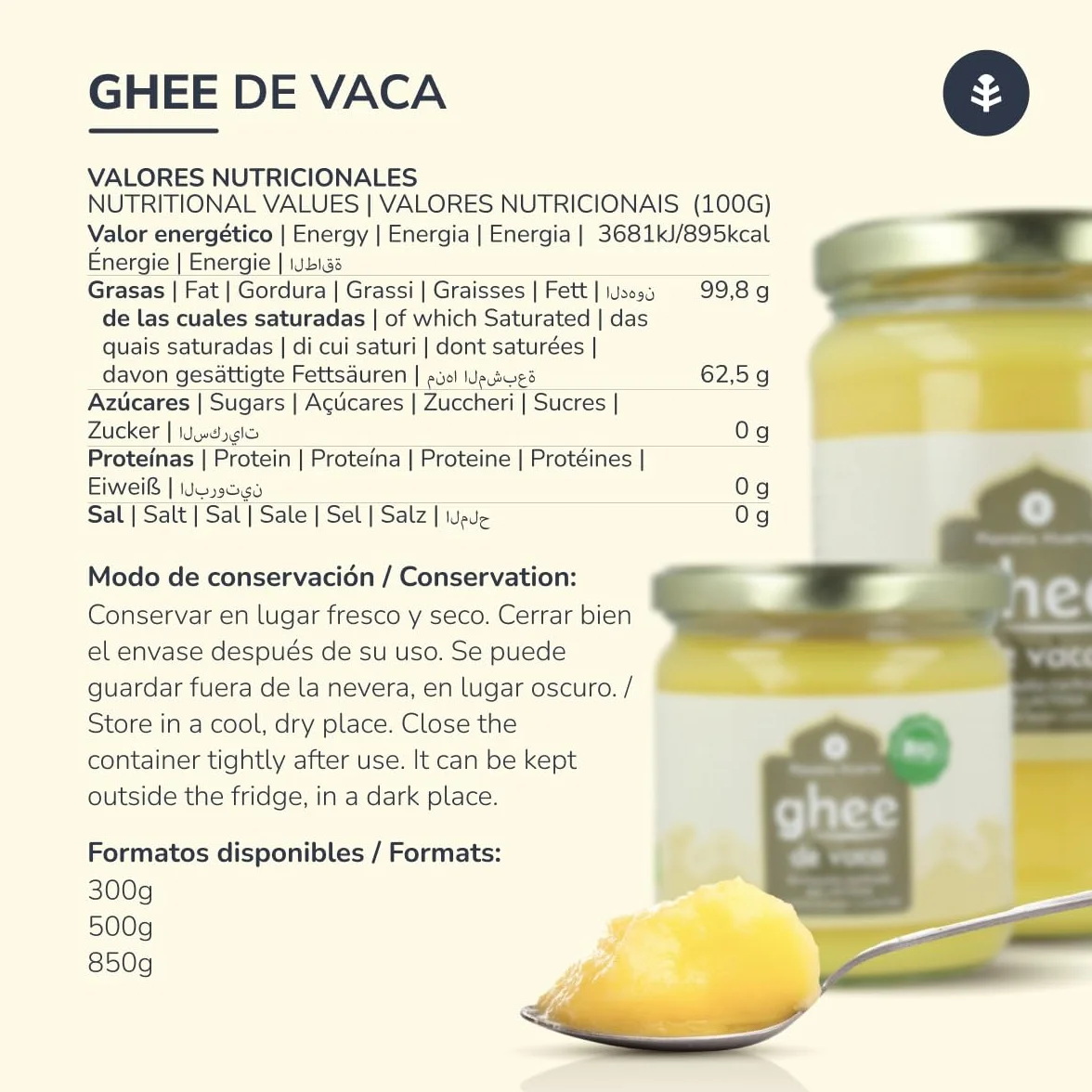 Ghee mantequilla clarificada ecológica 500 g Apta para dietas keto y paleo Sin lactosa ni gluten