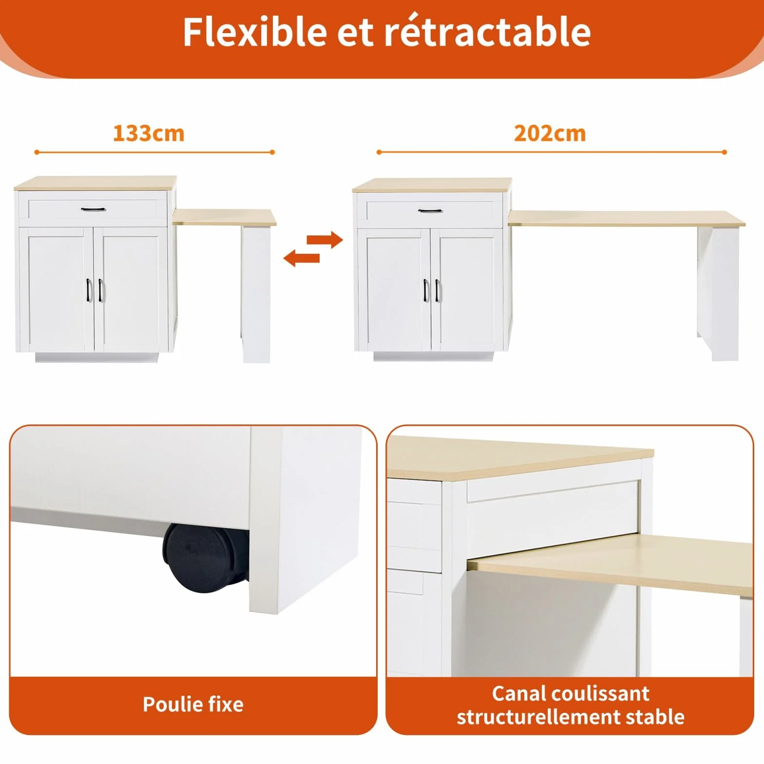 YEHTOKHOME Isla Central Cocina con ruedas y almacenamiento, mesa de comedor extensible 133-202 cm, aparador cocina con 2 cajones, estantes laterales, mesa de bar (blanco-2)