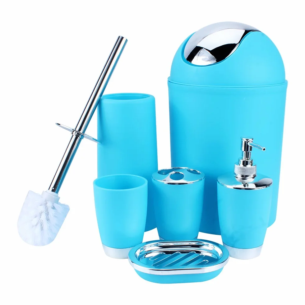 Wakects Juego de 6 Accesorios de Baño, Dispensador de Jabón, Jabonera, Soporte para Cepillo de Dientes, Taza de Enjuague, Soporte para Escobilla de Inodoro, Cubo de Basura