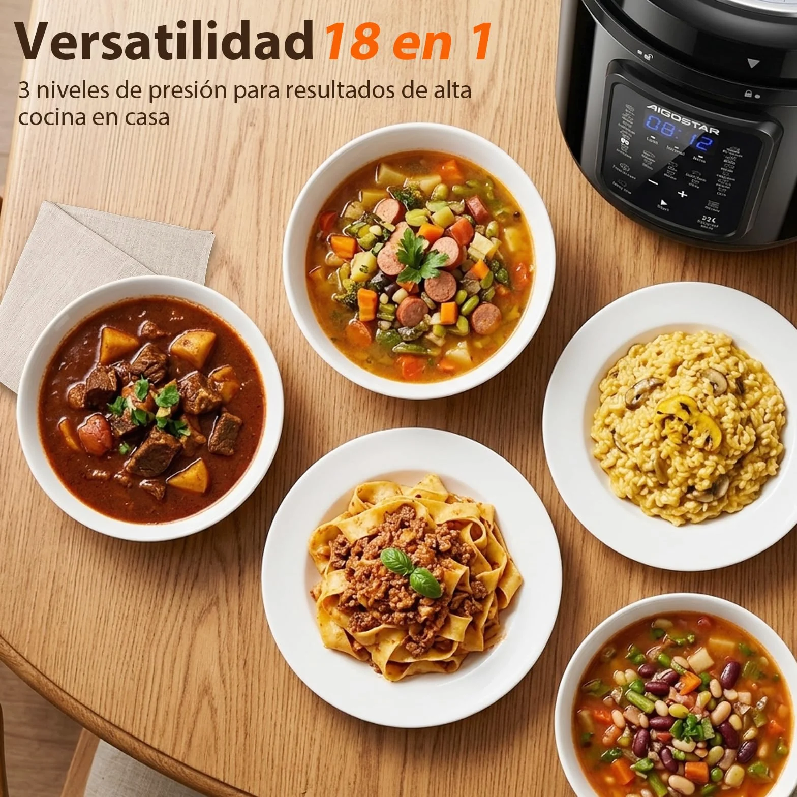 Aigostar Derrick Black - Olla Eléctrica Programable 6 litros, 18 Menús, Programable 24 horas, Panel LED Táctil, Recipiente Extraíble Antiadherente, Temperatura ajustable, Presión ajustable, 1000W