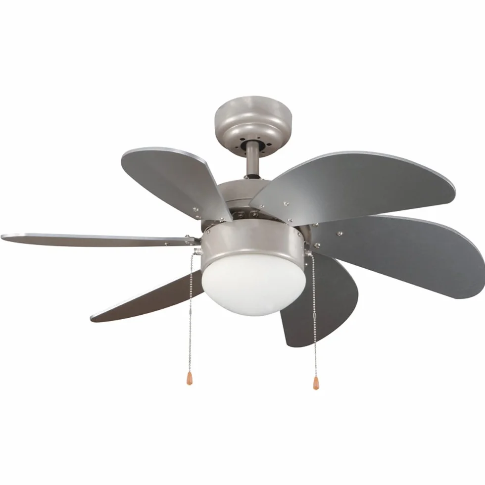 wonderlamp Ventilador de Techo Plata 76 cm con Motor AC 3 Velocidades, 6 Palas MDF, Función Verano Invierno, Casquillo E27, Apto Techos Inclinados 19°, NO TIENE MANDO A DISTANCIA